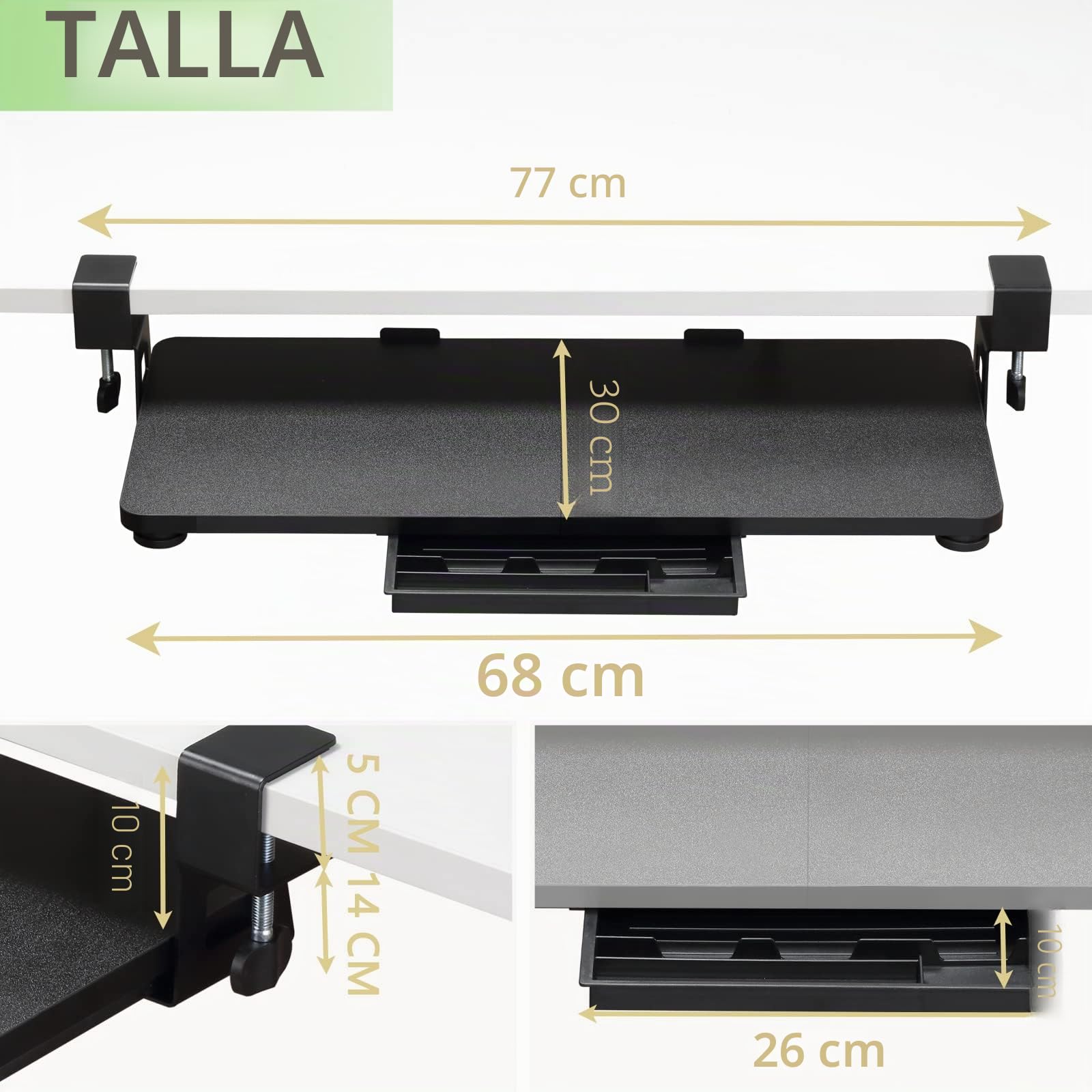 ETHU Bandeja para Teclado Extraible- Soporte Teclado Ordenador Bajo Mesa，Porta Teclado Extraíble con Abrazadera C, Cajón de Computadora de 680 x 300 MM para Escribir, Hogar u Oficina