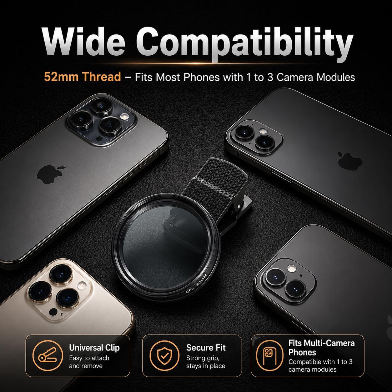 52mm Clip-on CPL Phone Camera Lens Filter Kit, Circular Polarizer Polarizing Filter Compatible with iPhone 17 16 15 14 13 12 11