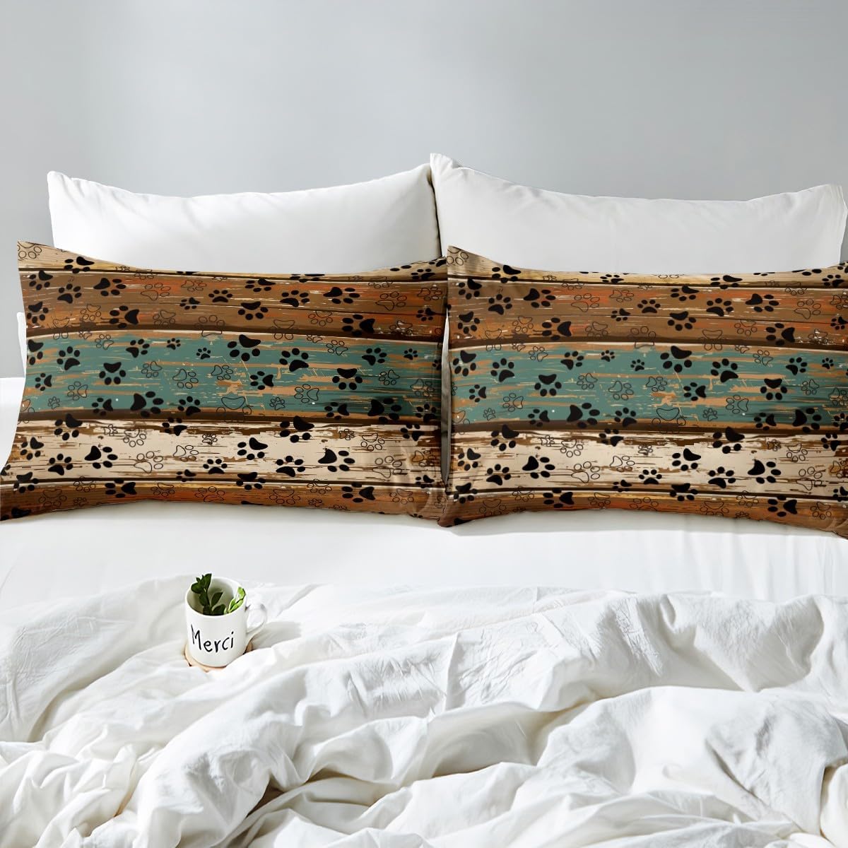 Manfei Paw Print Kids Duvet Cover Set Queen Size, Animal Tracks Print Bedding Set for Boys Girls Dog Lover, Retro Wooden Plank Comforter Cover, Rustic Farmhouse Quilt Cover, 2 Pillowcases,No Comforter