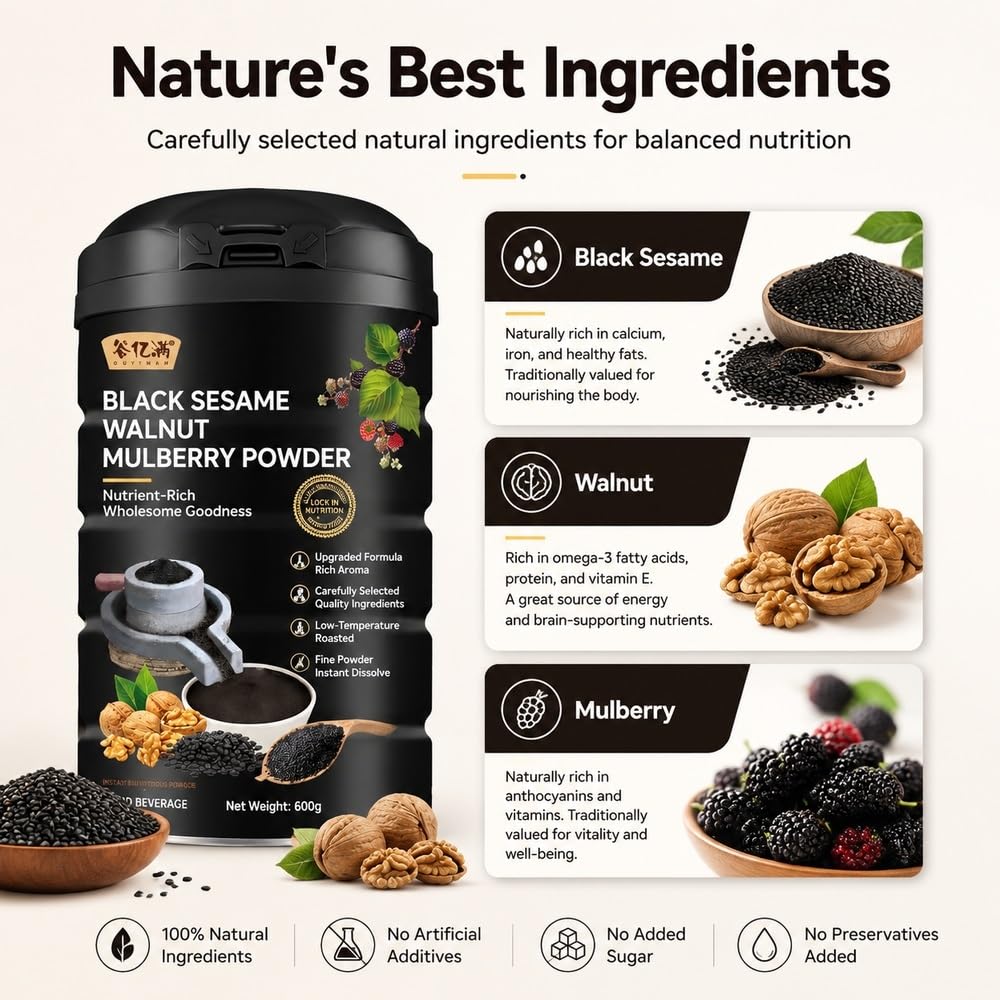 Polvo Instantáneo De Mora Y Nuez De Sésamo Negro 600g | Polvo instantáneo de morera y nueces con sésamo negro, desayuno fácil de cereales calientes, 600g