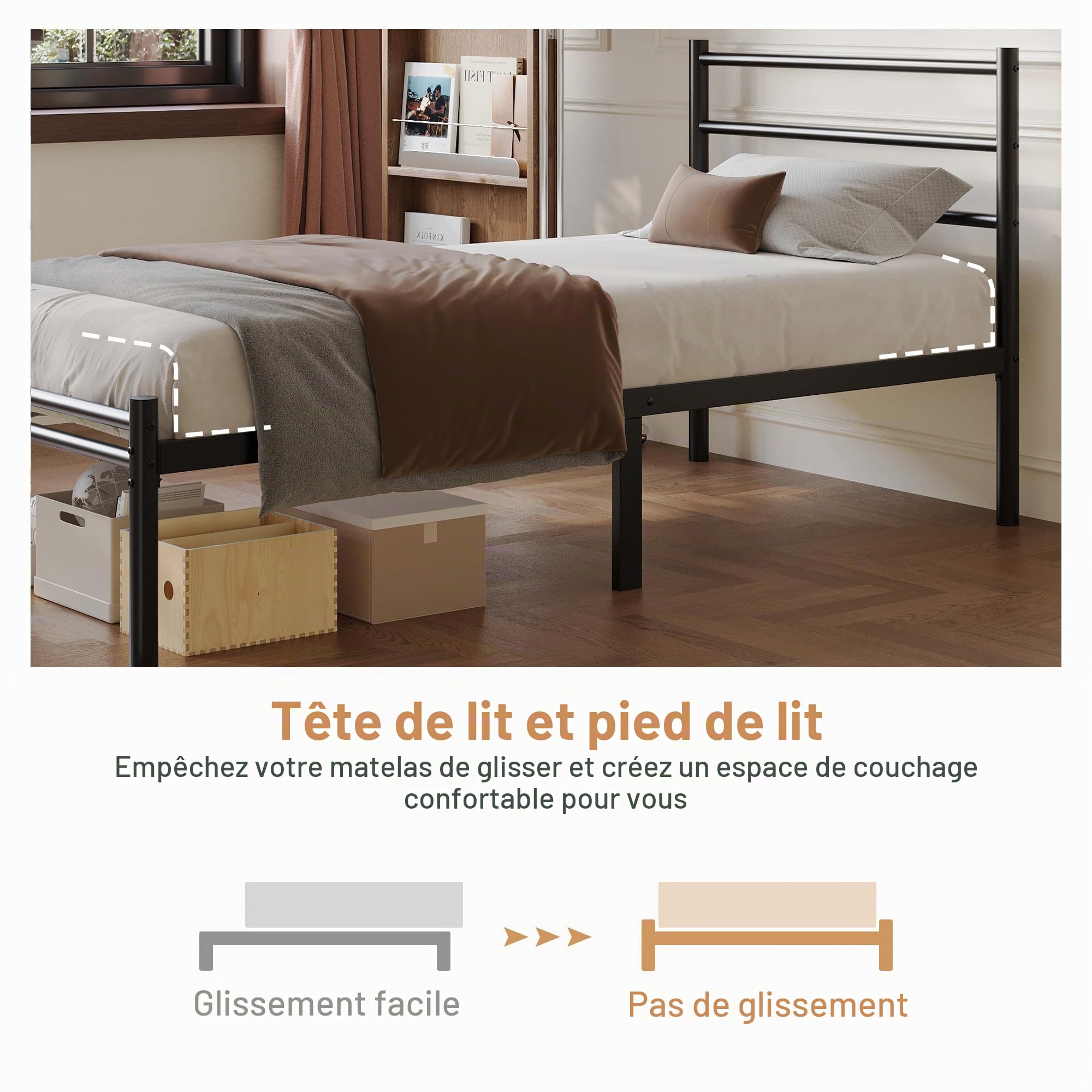 Yicensen Cadre de Lit Simple 90 x 200 cm avec Tête et Pied de Métal