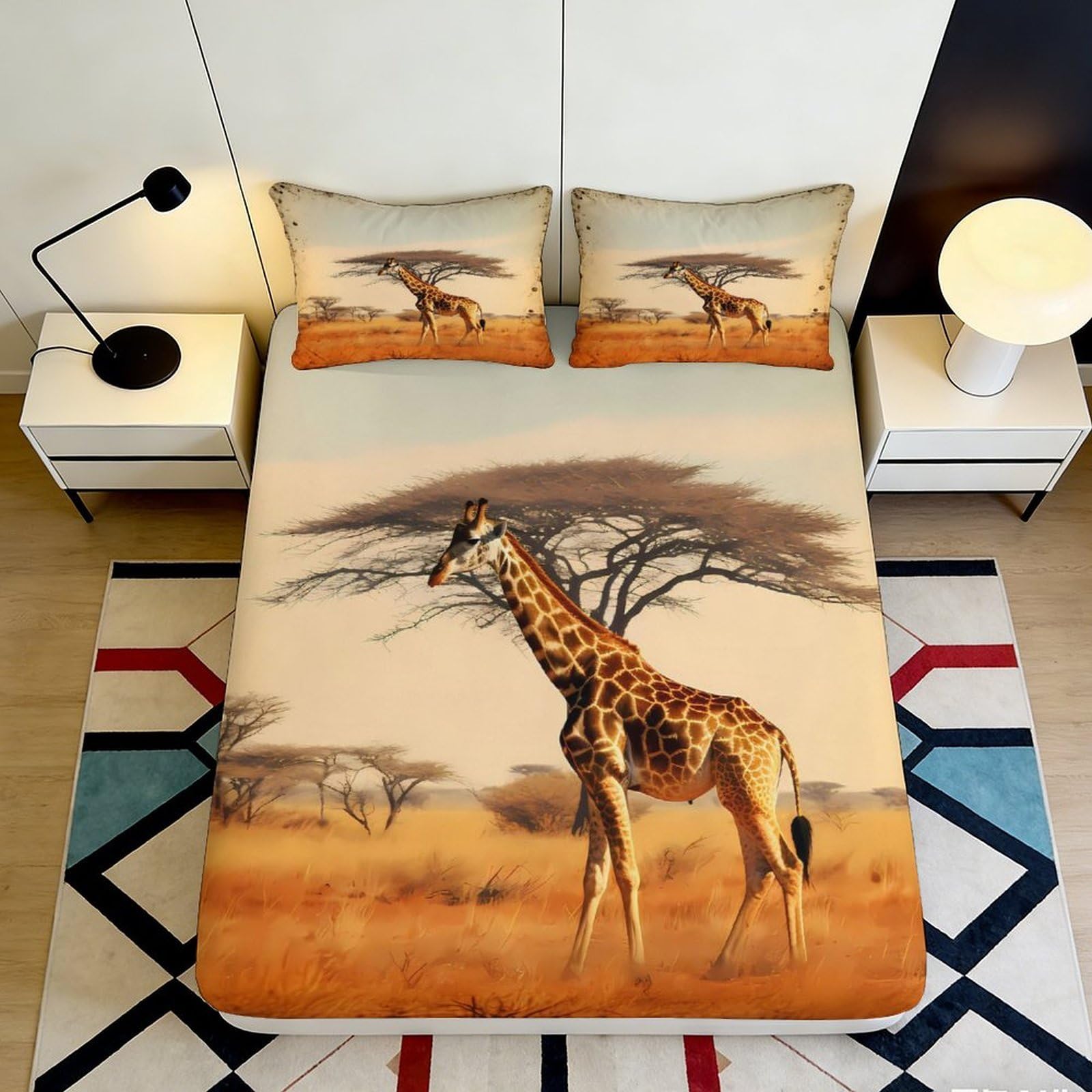3D Printed African Savannah Fitted Sheet Microfiber Soft Giraffe Mattress Cover Bedroom Decor for Home Guest Room 90x200x25cm