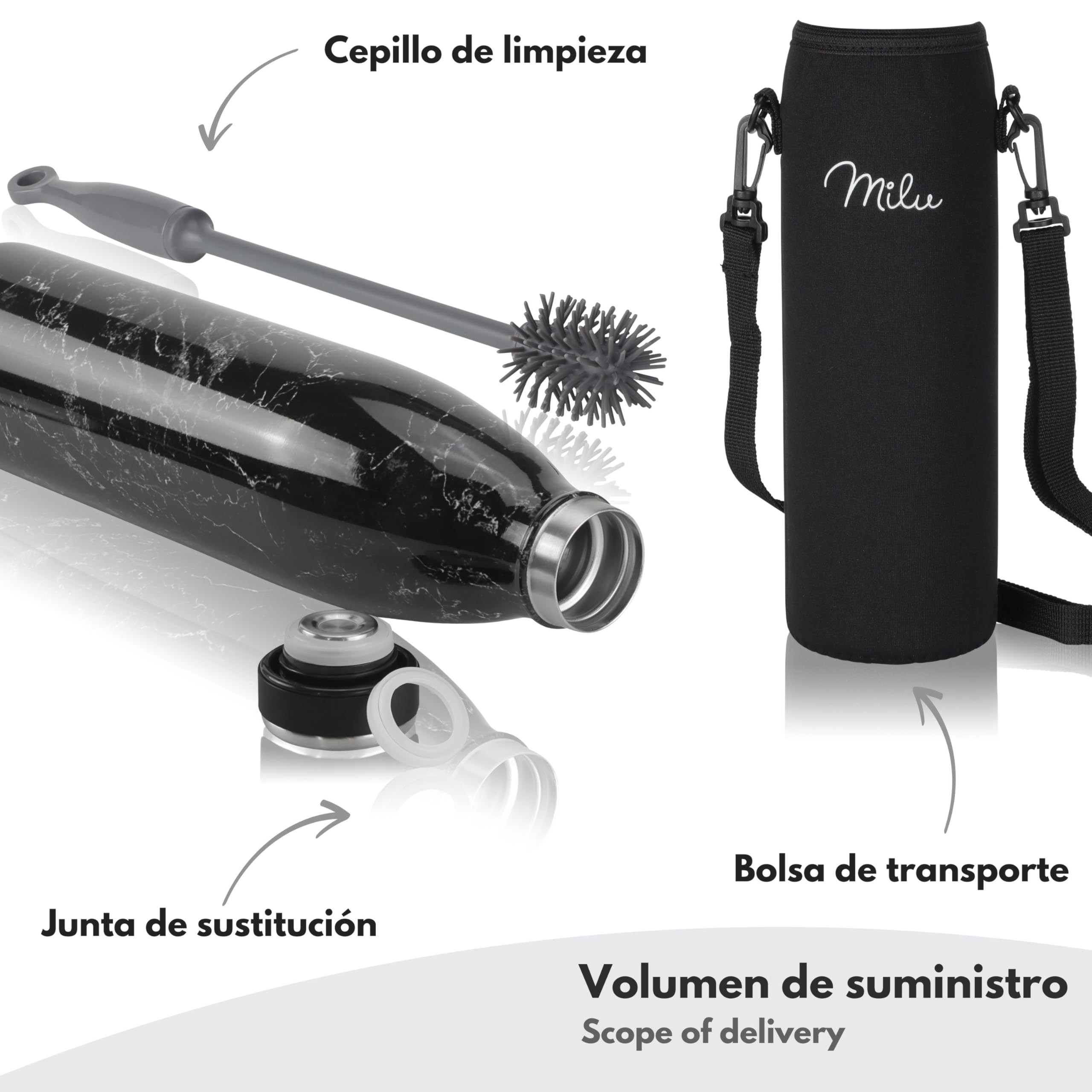 Milu Botella de acero inoxidable 350 ml, 500 ml, 750 ml, 1000 ml, botella de agua aislada, termo a prueba de fugas, apta para ácido carbónico, incluye cepillo de limpieza (granito, 750 ml) — view 5