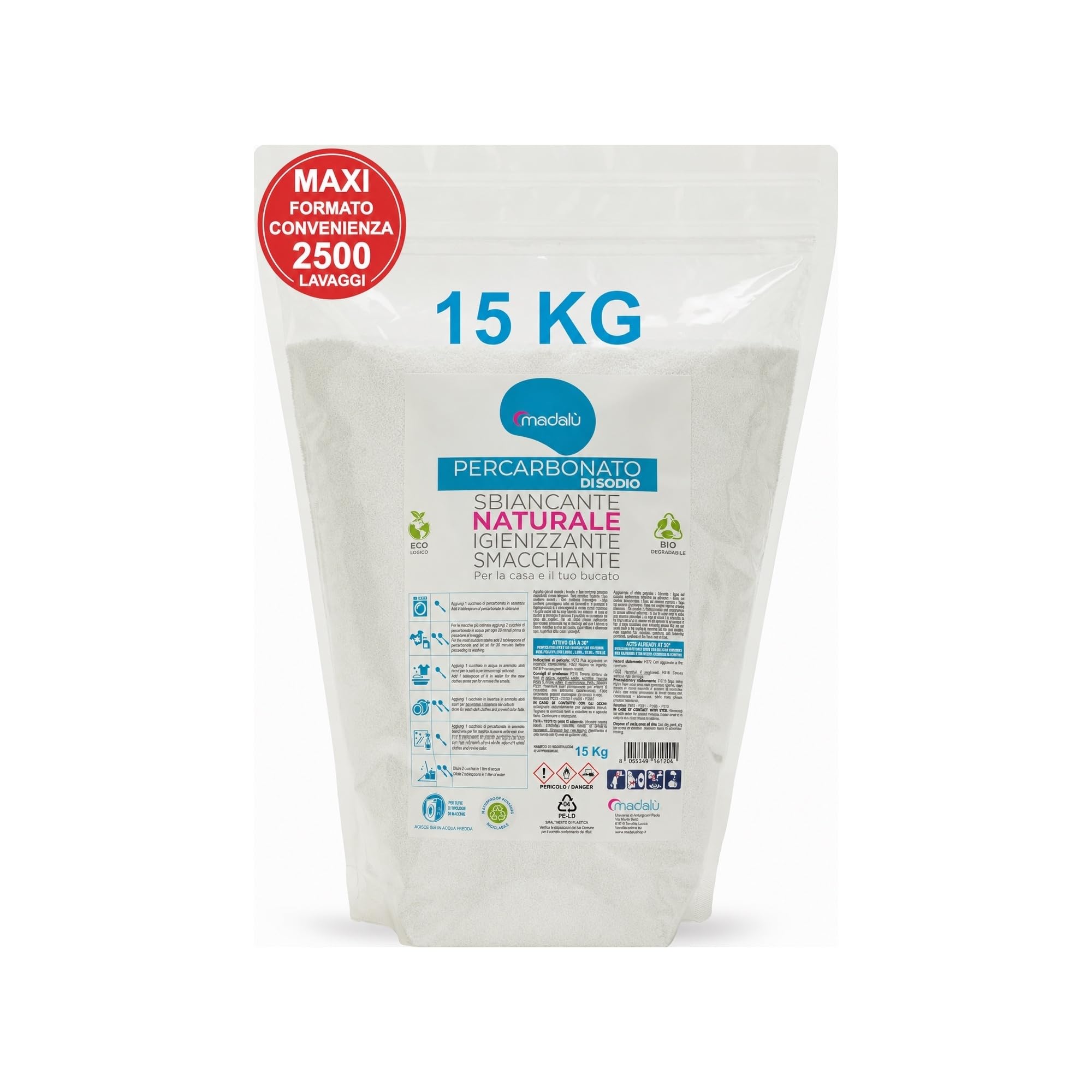 Percarbonato di Sodio per Bucato Puro (15 Kg, 2500 Lavaggi) Smacchiatore Bucato Sbiancante Smacchiante Igienizzante Naturale, Antimuffa, Busta Richiudibile