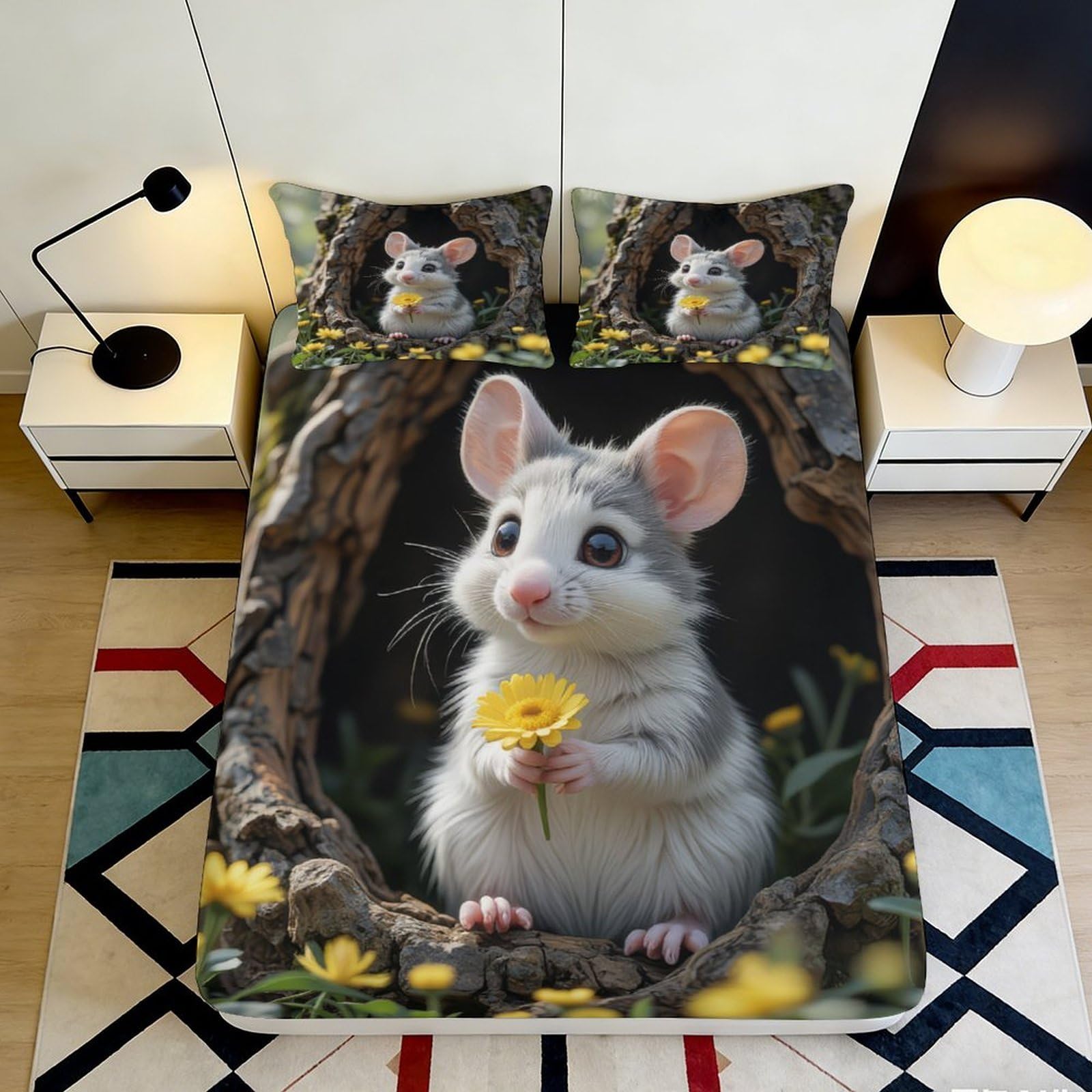 3D Printed Cute Mouse Fitted Sheet Microfiber Soft Animal Floral Bed Sheet for Bedroom Dorm Mattress Decor 90x200x25cm