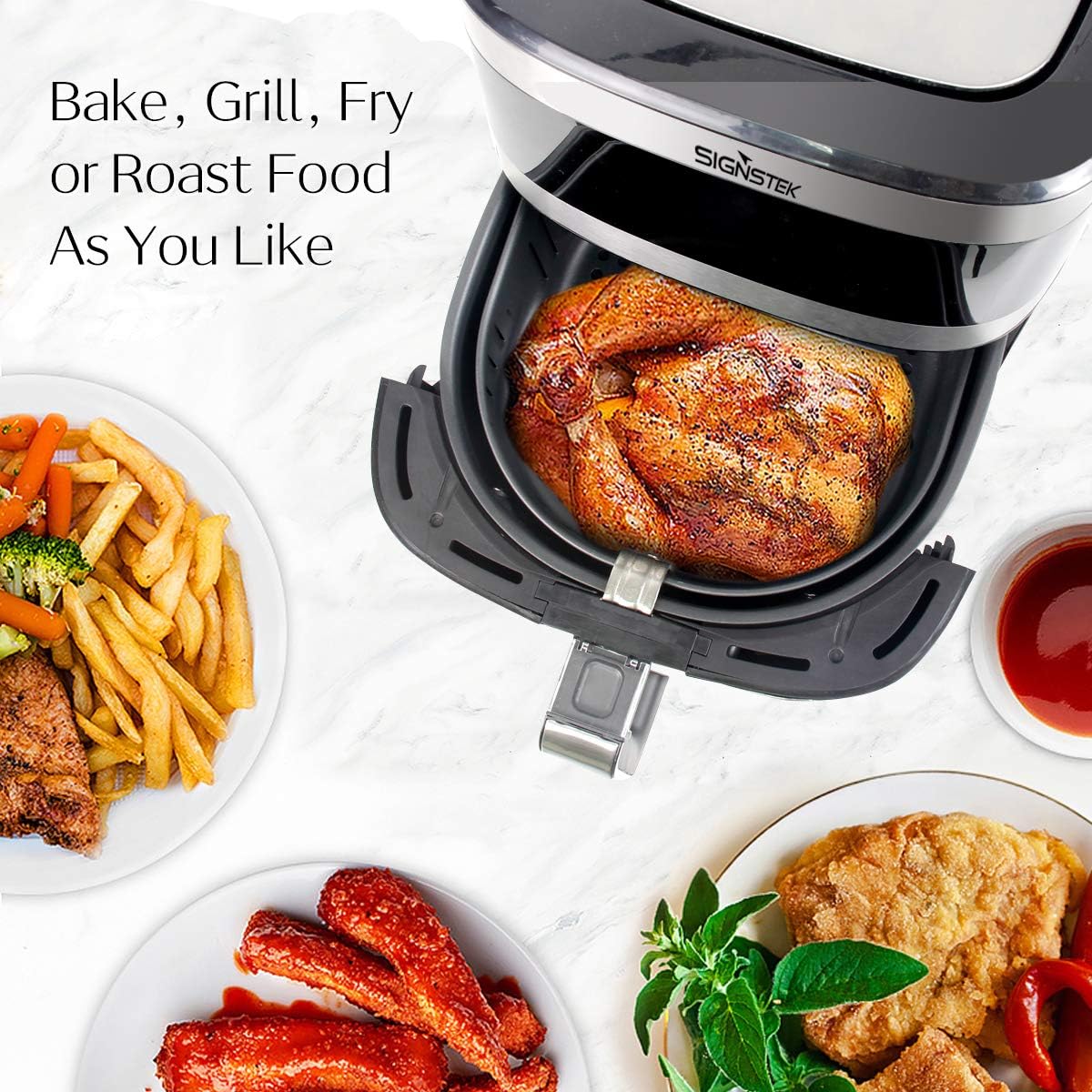 Signstek Air Fryer cooking a whole chicken and fries