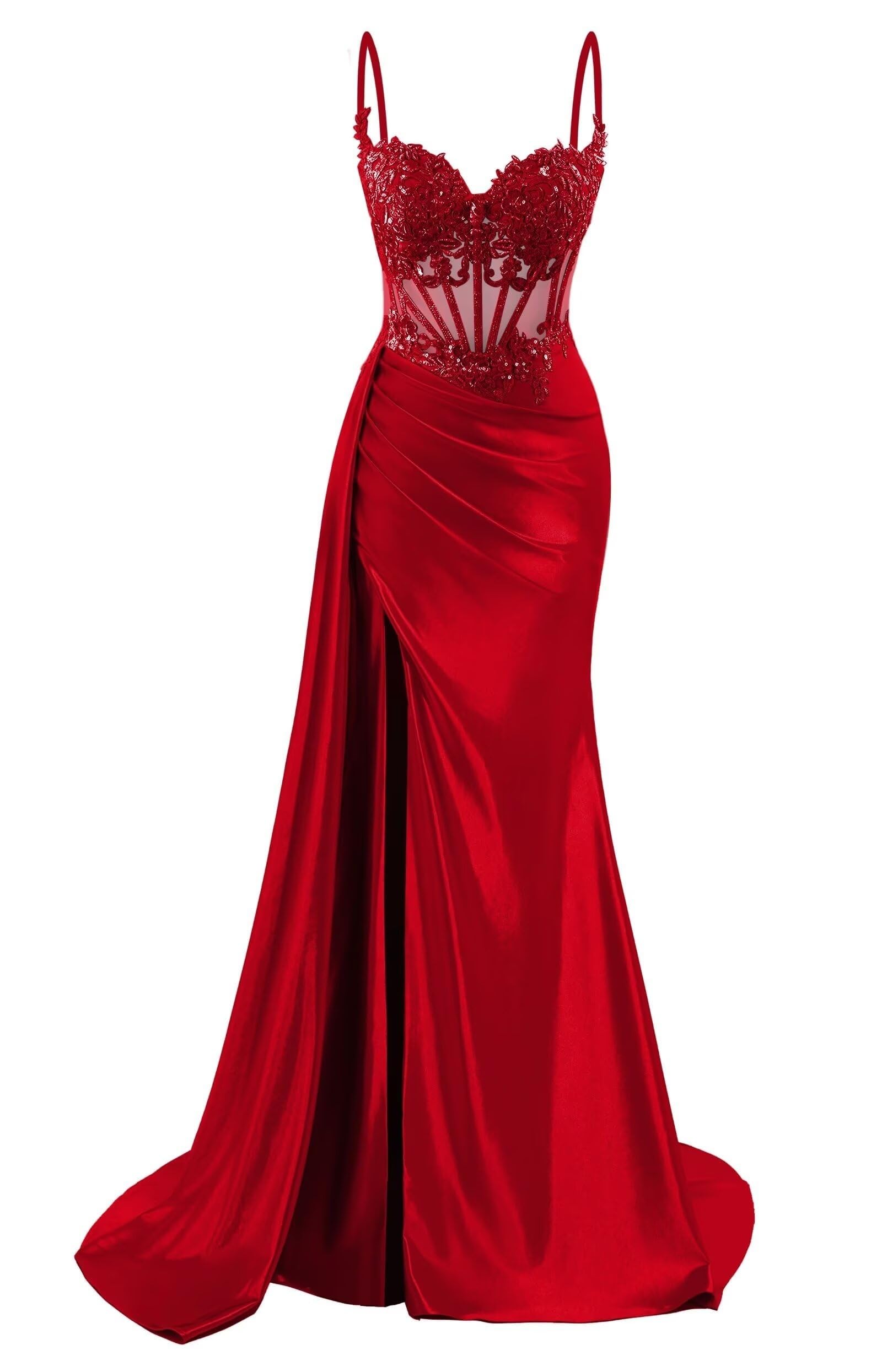 Red Satin Prom Dresses for Women 2025 Spaghetti Straps Lace Applique Formal Dress Bodycon Mermaid Bridesmaid Dresses US0