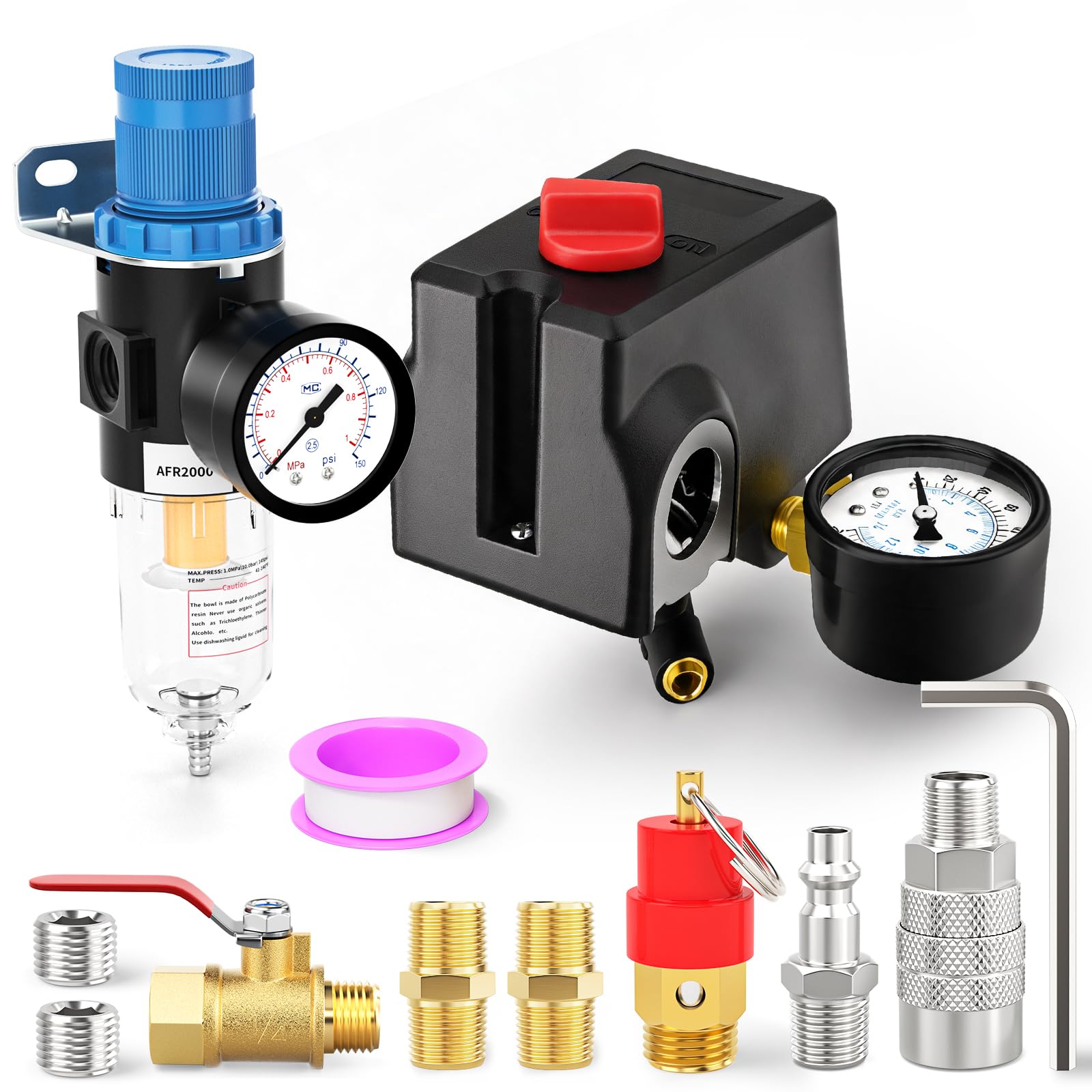 Kit valvola di controllo pressostato compressore d'aria a 4 vie, 120-155 PSI, parti di ricambio per porta laterale, 110 V-240 V, con filtro dell'aria AFR2000 regolatore di pressione e