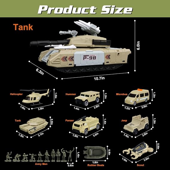 XDUOYJOY Military Tank Toy Sets, Army Toys with 7 Vehicles, Army Men Trucks Helicopter Birthday Gift for Boys Age 4-7, Easy to Store