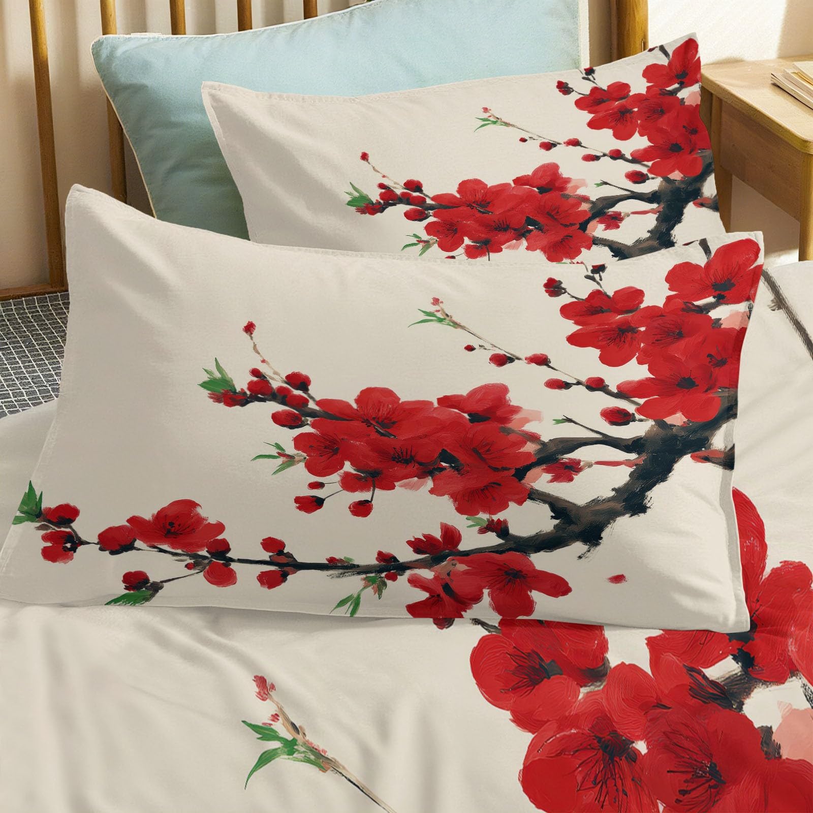 Zestaw poszewek na kołdrę w stylu malarstwa atramentowego, rozmiar super king-size, 260 x 220 cm, szczotkowana mikrofibra, miękkie poszewki na kołdrę z narożnymi wiązaniami, gałęzie, kwiaty, dekoracja