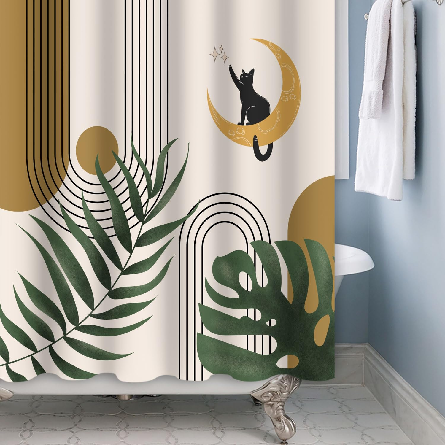 180x200cm Tende da doccia Boho con ganci, Arch Beige Marrone Sole Luna Gatto Foglie verdi Arte moderna Occlusa Impermeabile, Tessuto in poliestere Bagno Vasca Decorazione estetica