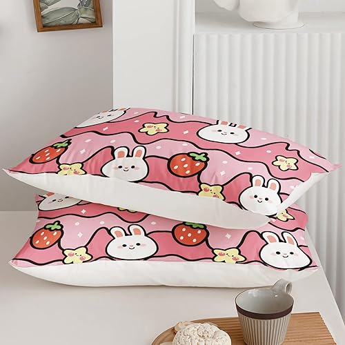 Miniatura 6 de QOOMO Edredón Kawaii de conejo, juego de edredón de conejo fresa para niños y niñas, juego de ropa de cama de 3 piezas impreso con 2 fundas de