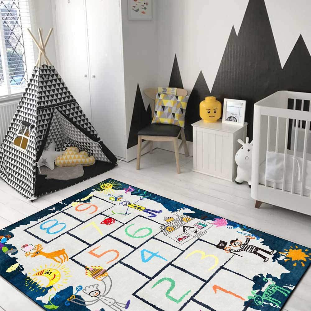 Tapis de Chambre d'enfant Marelle numérique Aquarelle -Chambre, Salle de Jeux, Jeux familiaux 80x160cm