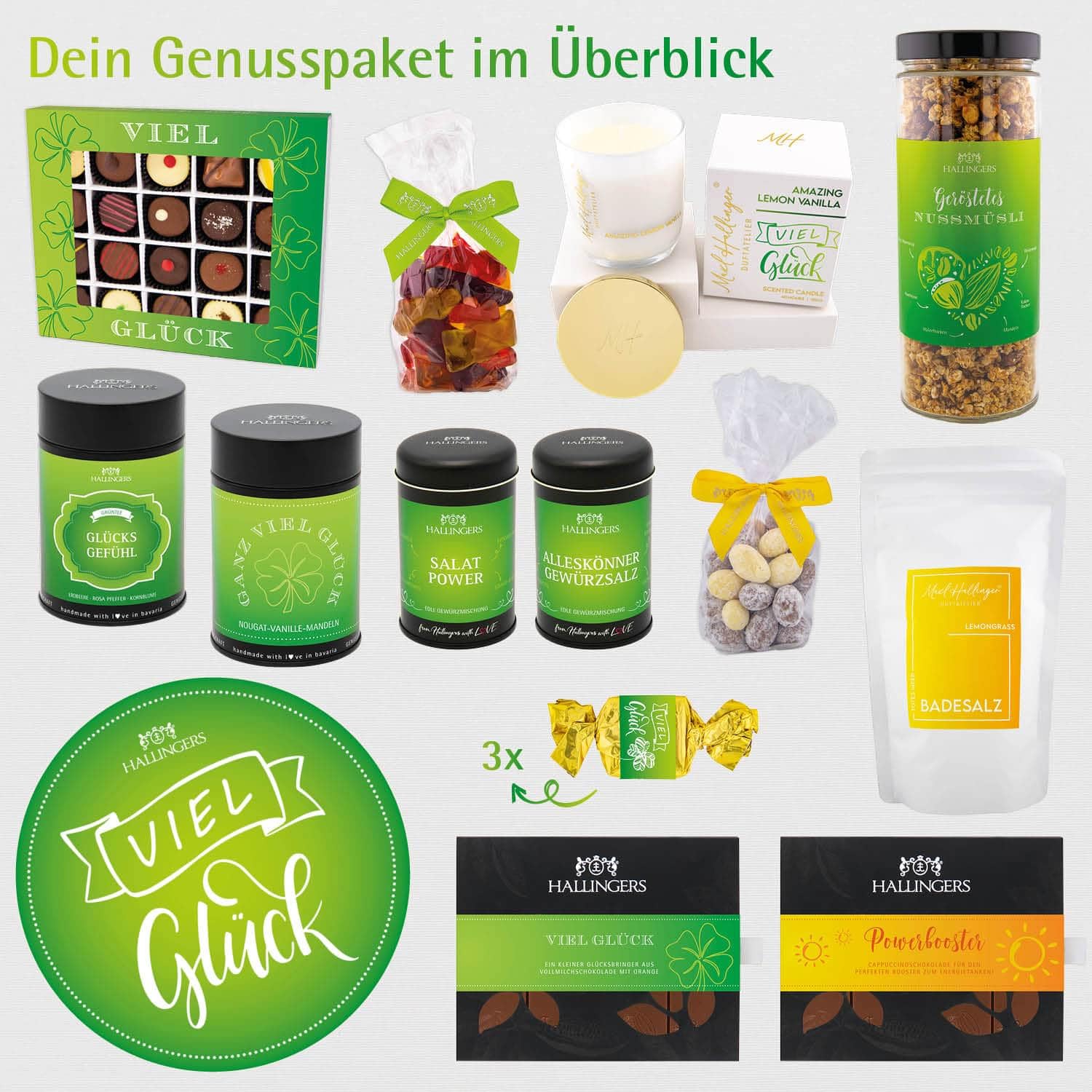 Hallingers Genuss Manufaktur Feinkost Glückwunsch-Geschenk-Set - XXL-Geschenkkorb "Viel Glück" großer Glücksgruß Pralinen, Tee, Nougat, Schoki, Duftkerze Müsli & mehr, Geschenkidee für Frauen Männer