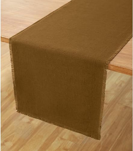 Solino Home Camino de mesa de lino con flecos de 120 pulgadas de largo, 100% lino puro de 14 x 120 pulgadas, camino de mesa extra largo color marrón