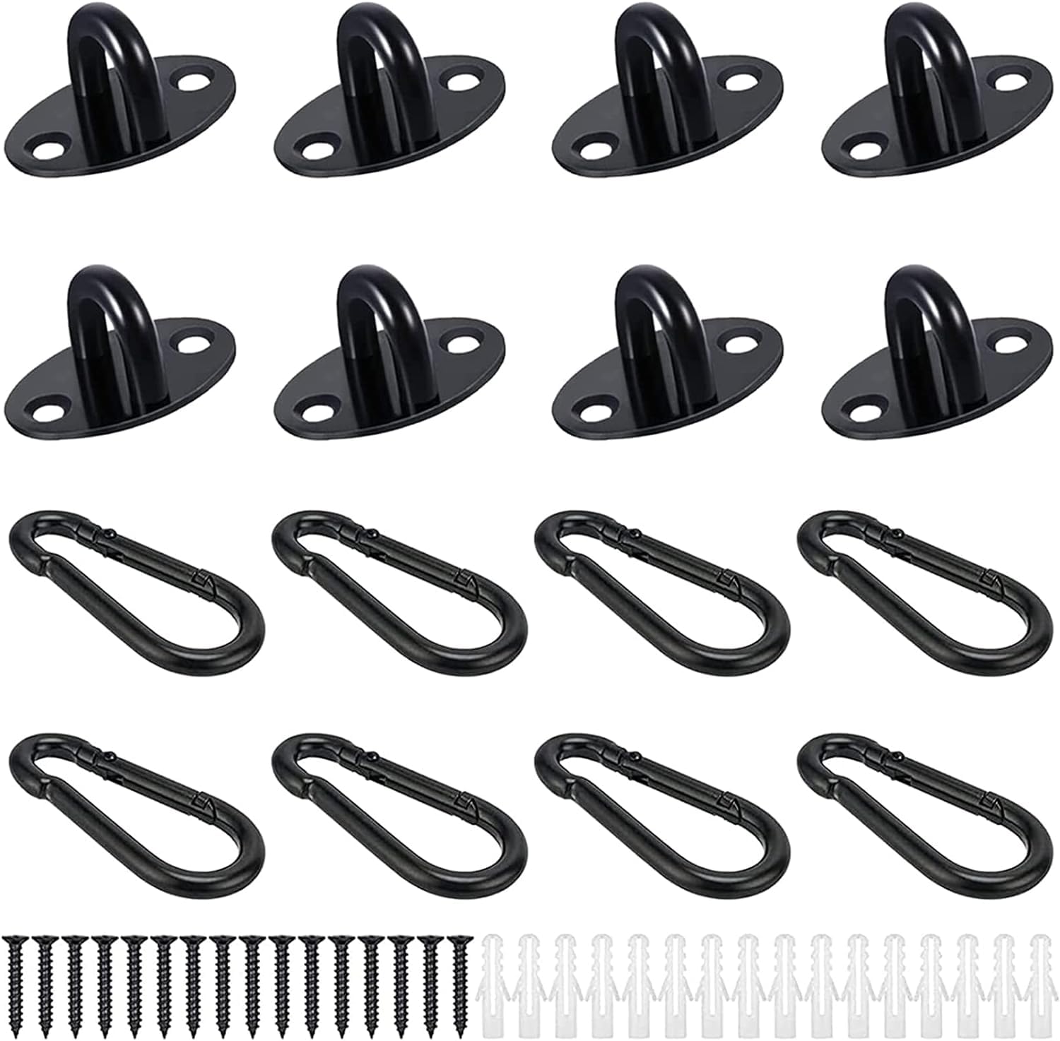 8 Pack Mini Ceiling Hooks Small Pad Eye Plate with Carabiner Clips and Screws, Anchor plates U Hooks Door Eye Latch Cabinet Knobs Door Drawer Knobs Replacement for Hanging Plant Basket