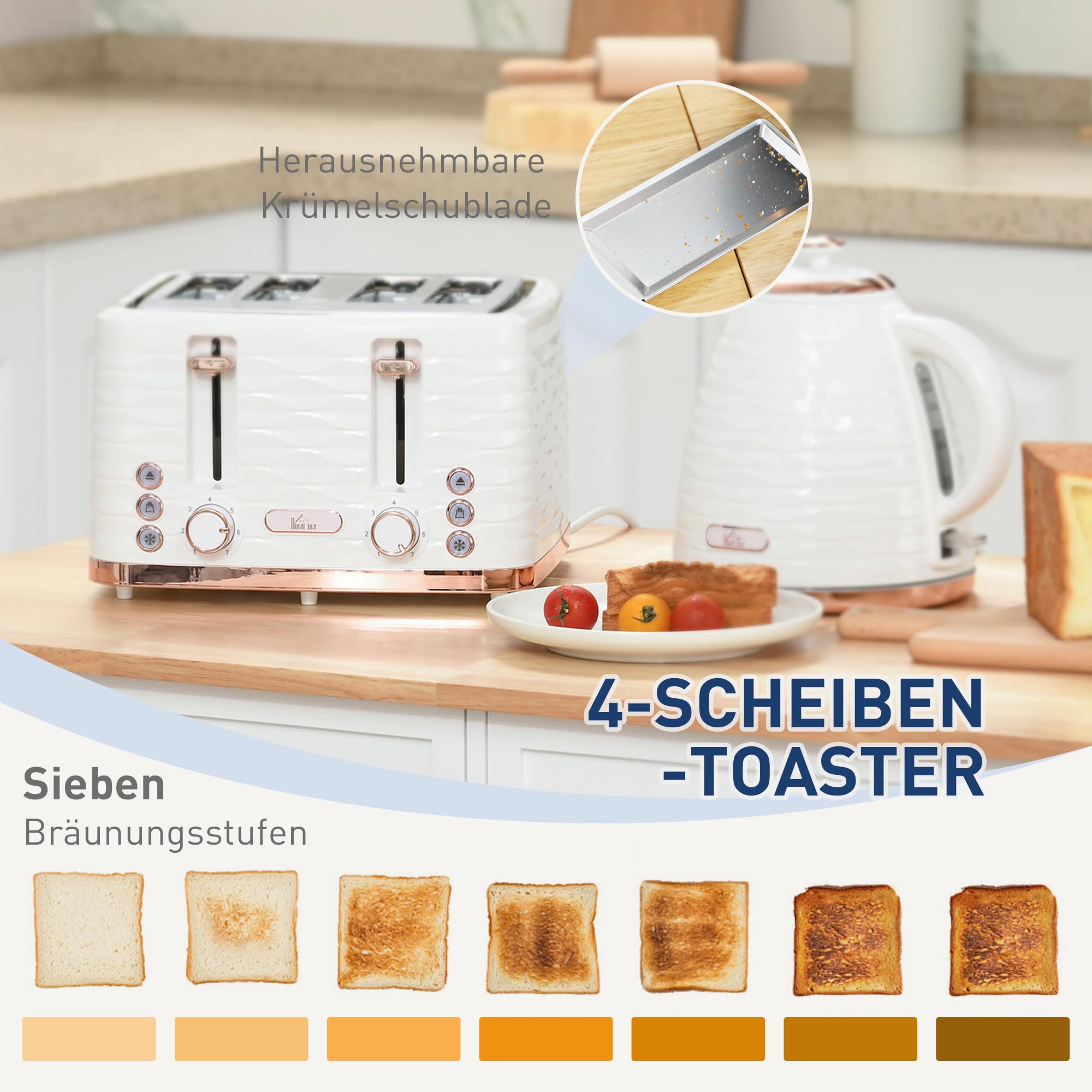 HOMCOM Juego de desayuno con hervidor de 1,7 litros, tostador de 4 rebanadas, 2200 W, 7 niveles de tostado, descongelación, recalentamiento y bandeja recogemigas, termostato Otter, blanco crema