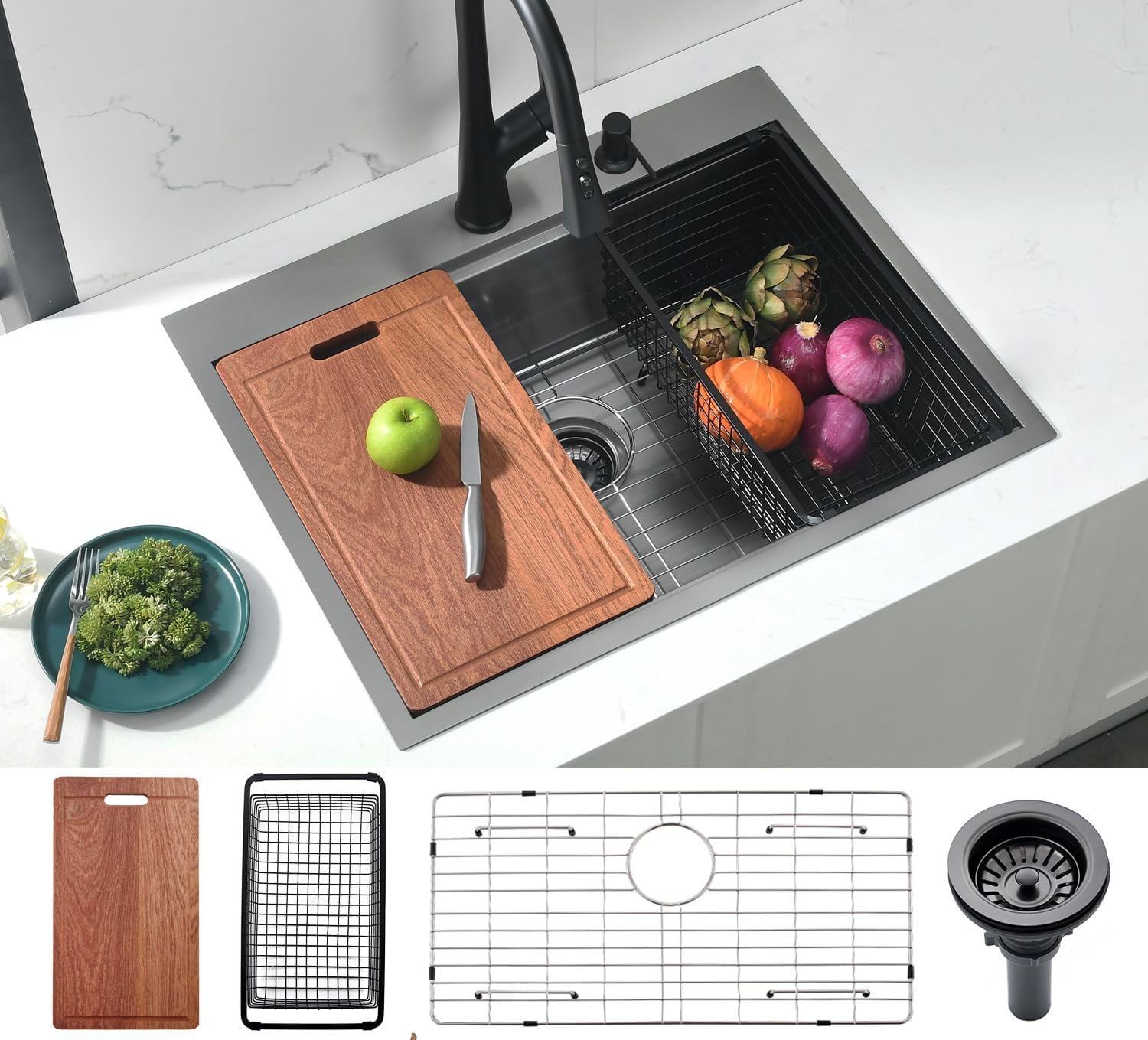 Doirteal 28x22 Inch Drop-in Workstation Kitchen Sink | 16 Gauge Nano Black T304 Stainless Steel | 28x22x10 Topmount Sink with Mahogany Cutting Board, Colander & Drying Rack Set