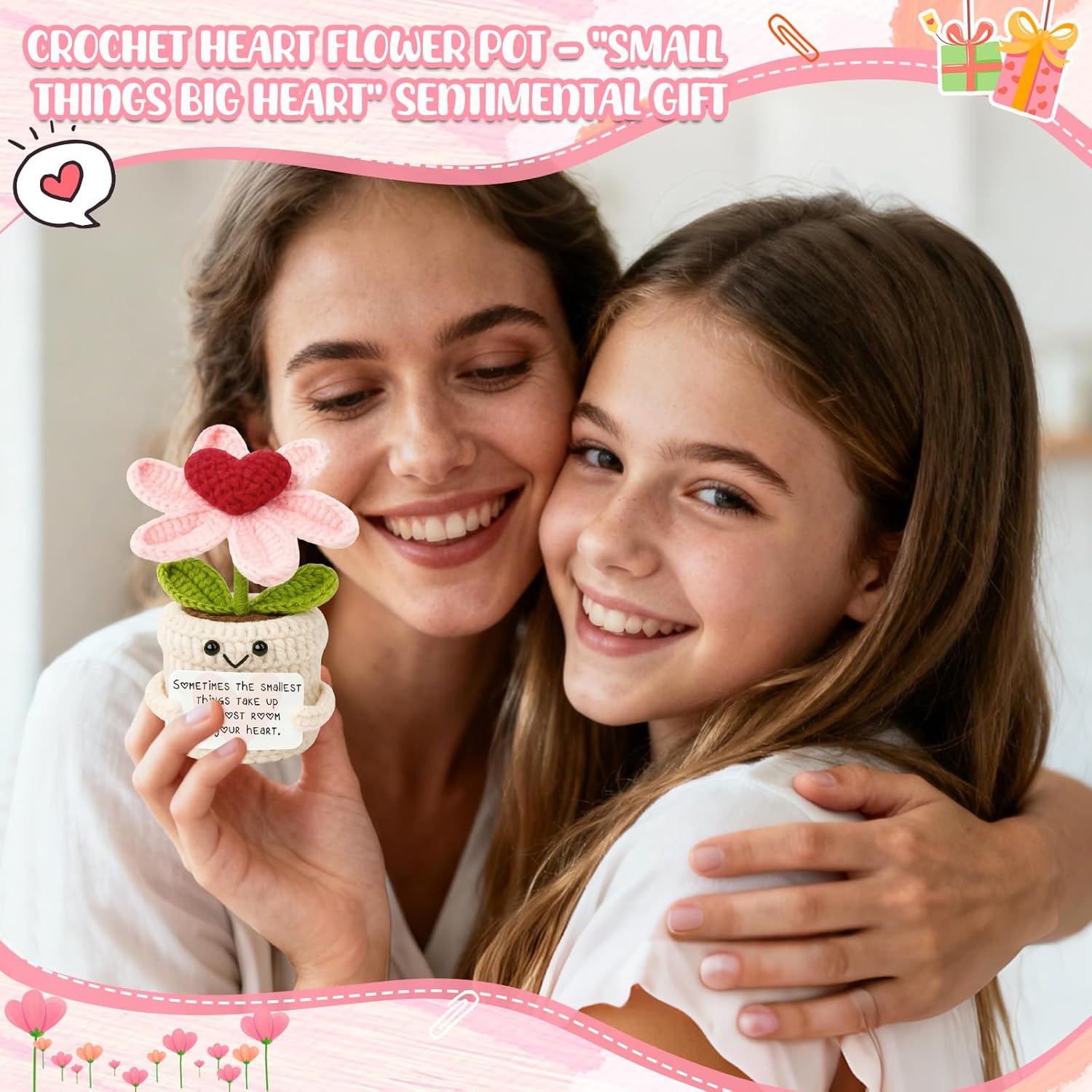 Handmade Crochet Heart Flower Plant - Sentimental Gift for Best Friend, Mom, Her - Cute Everlasting Knitted Desk Decor - Unique Christmas Birthday Thinking of You Present - Image 5