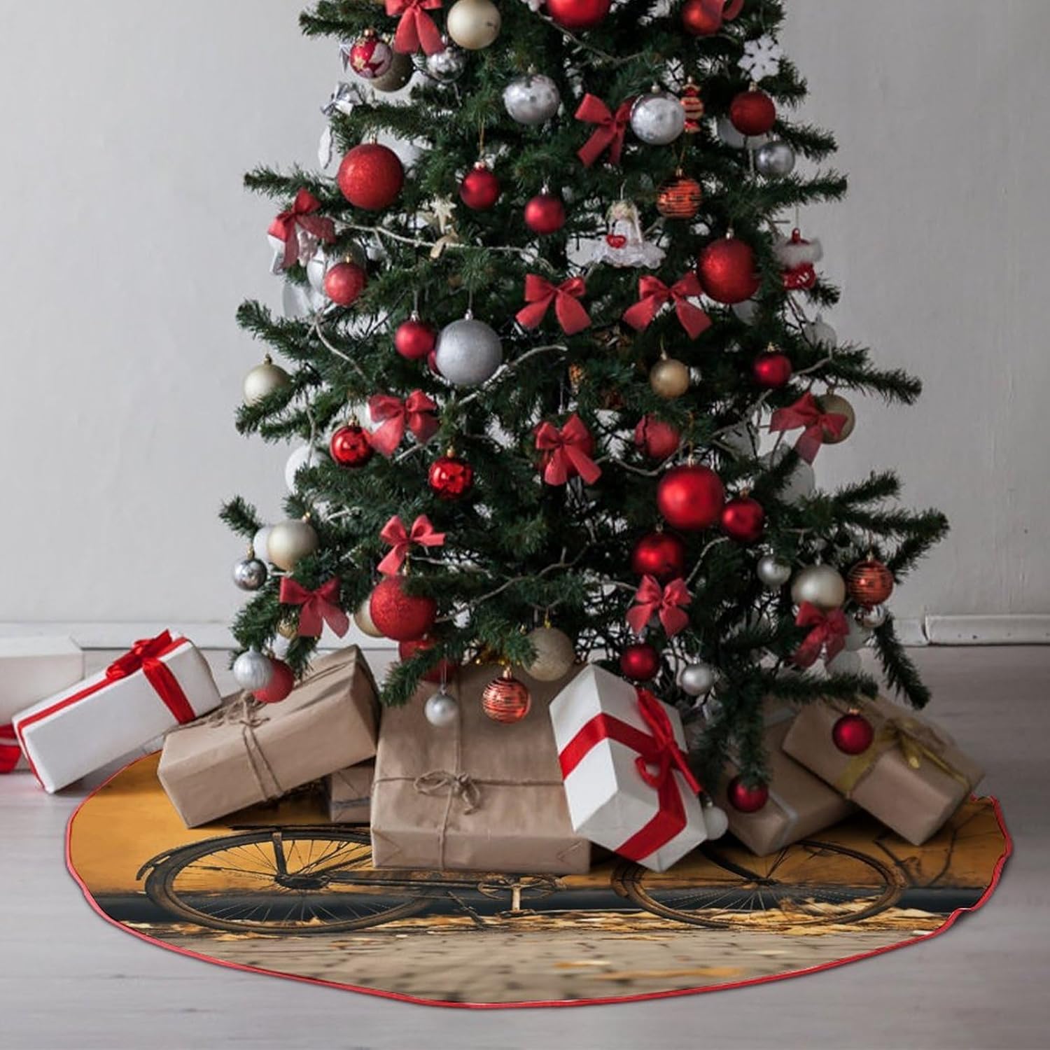 Christmas Tree Skirt,for Xmas Tree Holiday Party Decorations Old Rusty Vintage Bicycle Printed Christmas Tree Mat Red Lace-up Christmas Tree Dress