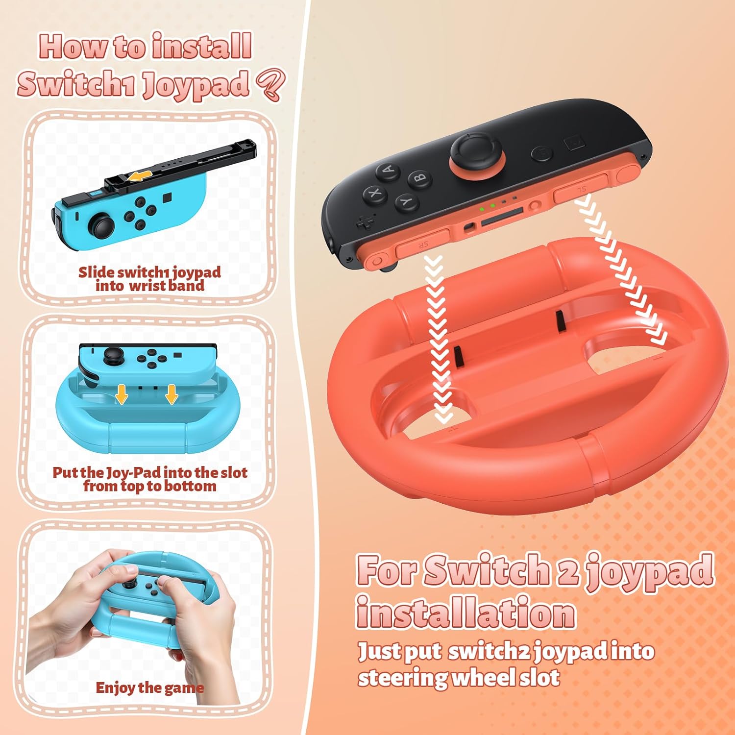 FASTSNAIL [Switch 1/2 Compatible] Steering Wheels for Nintendo Switch 2/1/OLED for Joy-Con 2, Racing Wheels for Mario Kart World/8 Deluxe Gaming, Universal Joypad Wheels 2 Pack (Orange,Blue) - Image 5