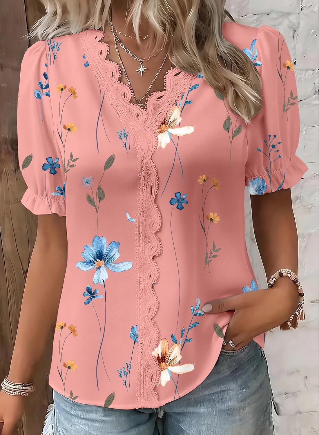 SHEWIN Womens Blouses Dressy Casual Lace V Neck Floral Tops Pulllover Short Sleeve Shirts Cute Summer Tops for Women 2026 - Image 2
