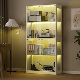 Grepatio Glass Display Cabinet, 4-Tier Display Cases for Collectibles, Curio Cabinet with 12 Color Lights, Display Shelf Bookcase Kids Toy Cabinets for Collectible, Living Room, Playroom (White)