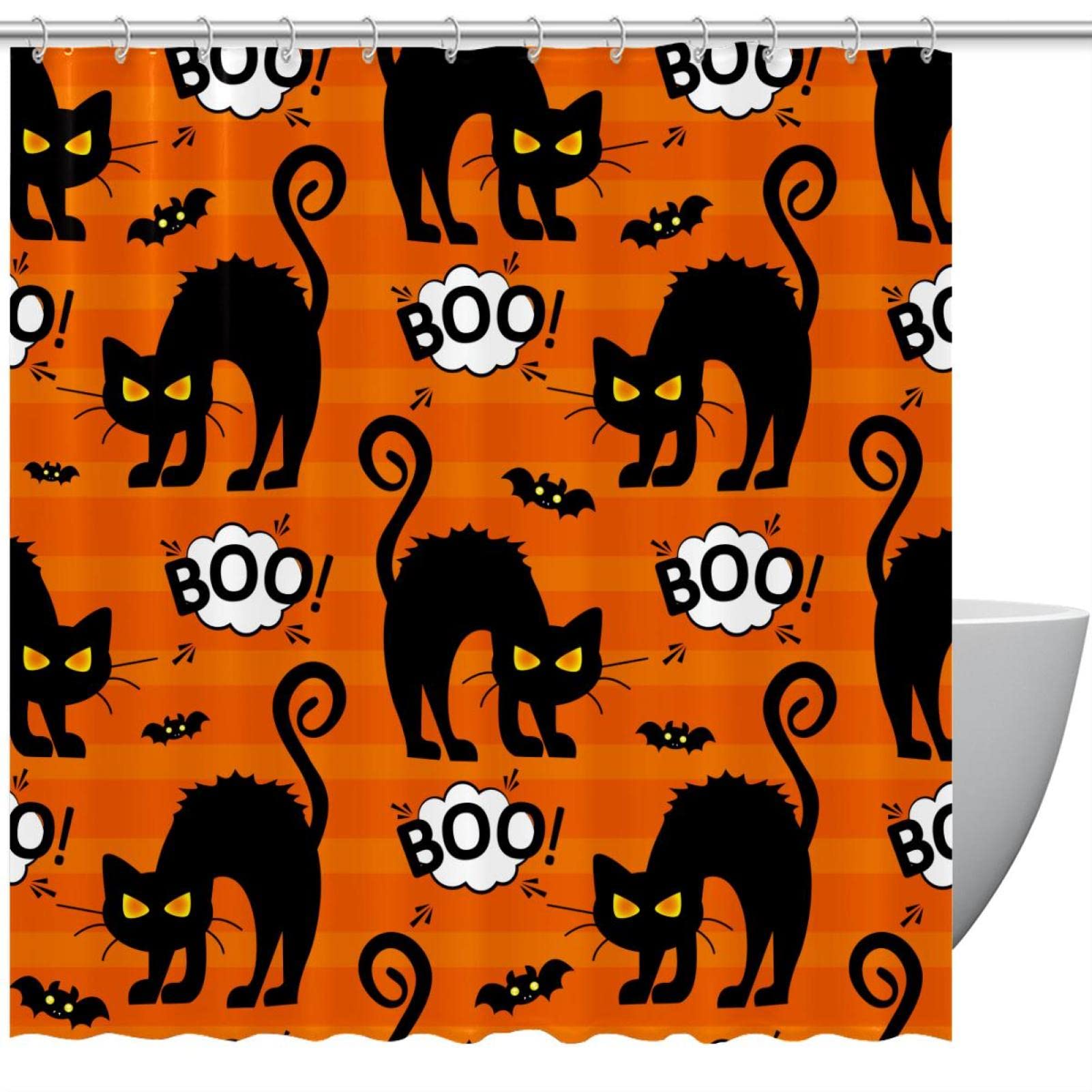 Rideau de douche Halloween Boo Cat Orange en tissu sain pour remplacer les rideaux PVC toxiques