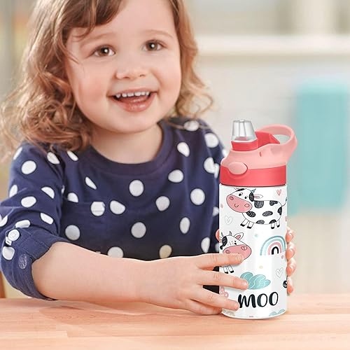 Miniatura 7 de Burbuja Cute Cow - Botella de agua para niños, sin BPA, aislada al vacío, de acero inoxidable, con tapa con pajilla, para niños y niñas, a prueba de