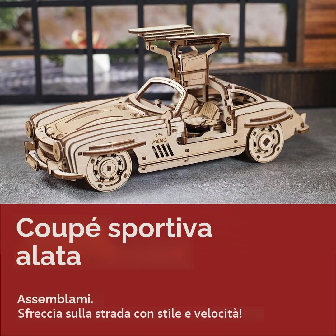 UGEARS Coupé Sportiva con Alettone - Modellismo Auto da Costruire Adulti - Puzzle 3D Legno Costruzioni per Adulti - Kit Modellino Auto da Costruire con Autentico Design ad Ali di Gabbiano