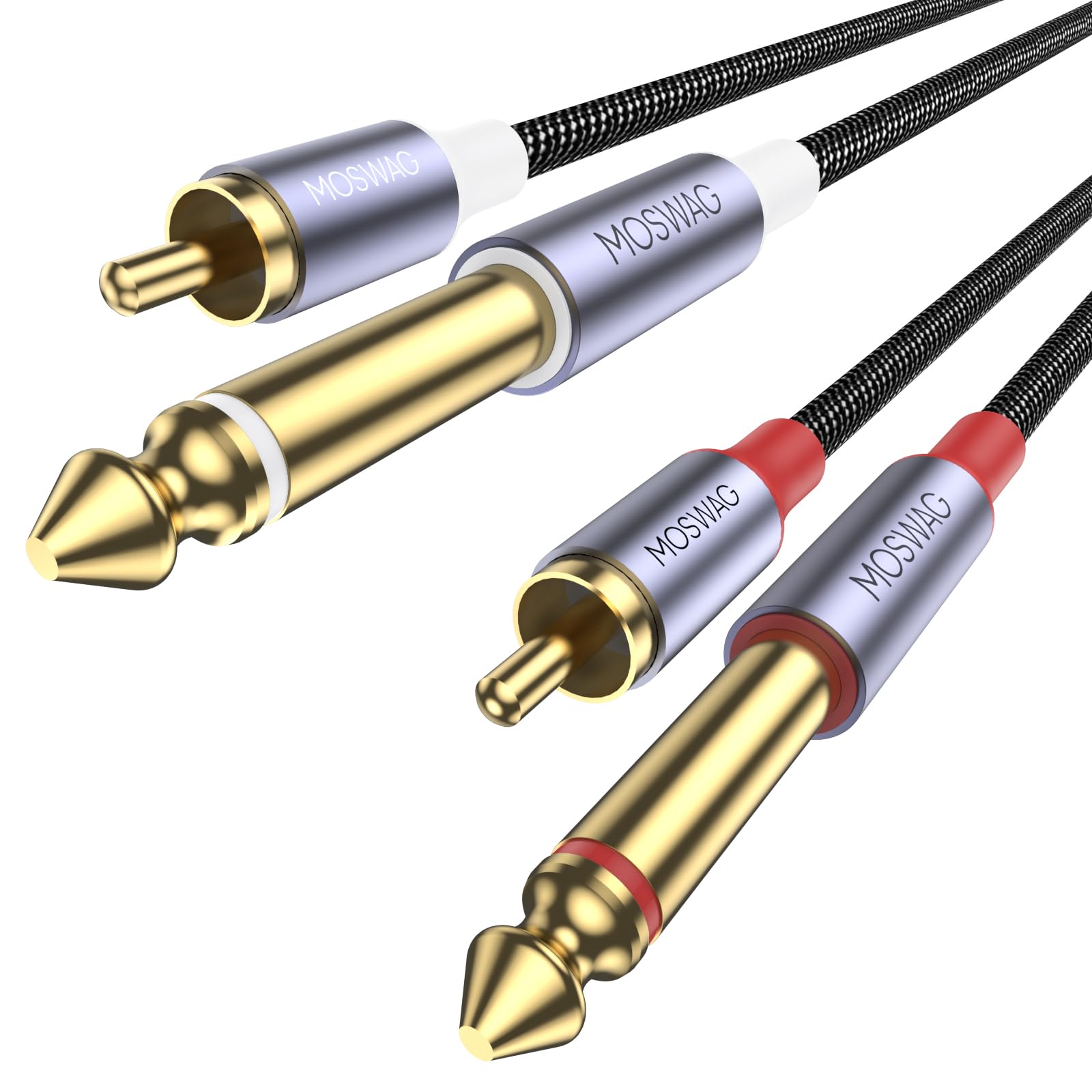 MOSWAG Doppio RCA a Doppio Cavo 1/4, Placcato oro Heavy Duty 2 x 6,35 mm TS mono Jack Maschio a 2 RCA Maschio cavo Adattatore per Amplificatore, Lettore di Musica, Altoparlanti, TV,3M