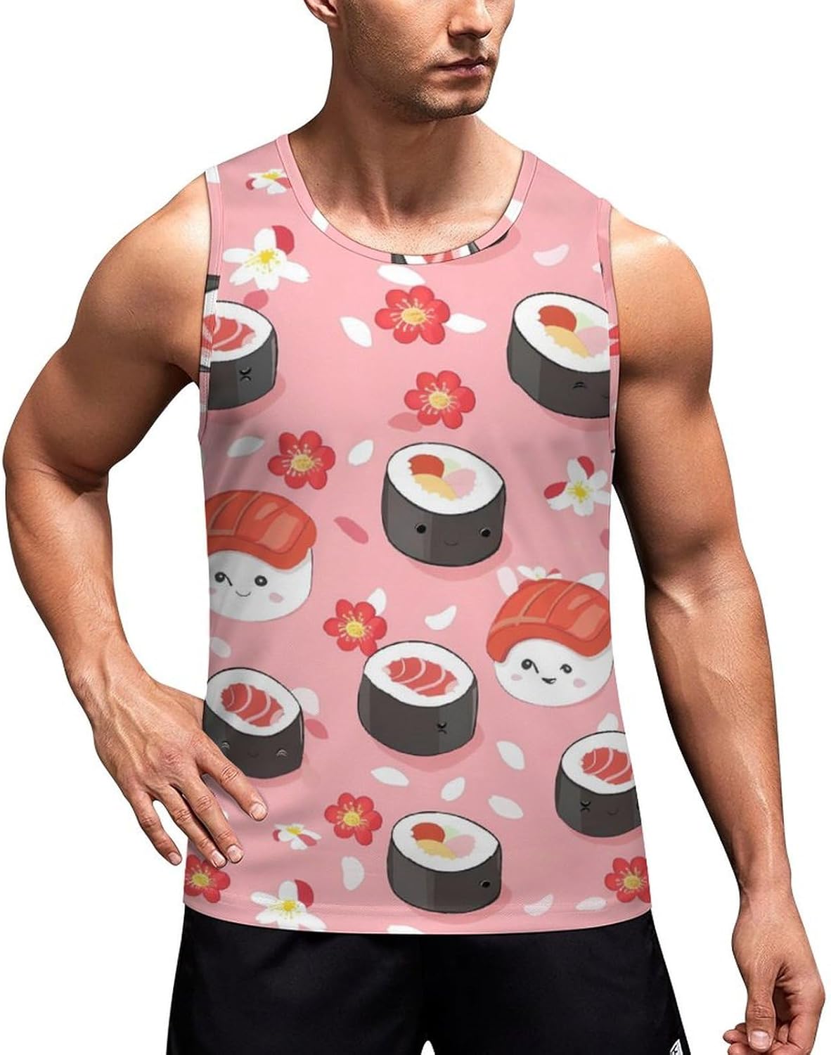 Cute Sushi Cherry Flower Printed Men's Tank Top Sleeveless Muscle Shirts Vest Beach T Shirts for Workout Gym