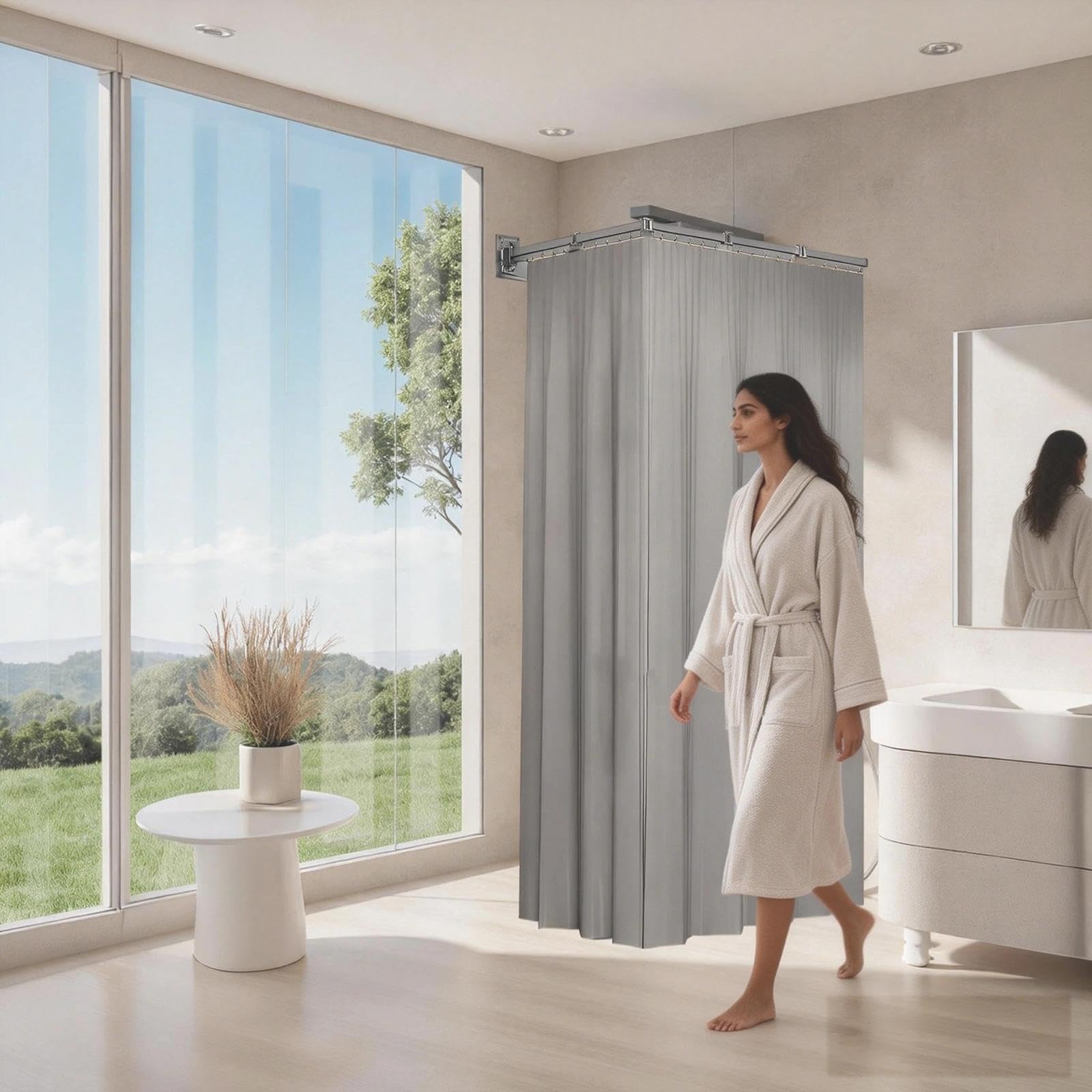 Barra Ducha Plegable 5 Pliegues con Cortina Incluida | Barra Cortina Ducha, Dos Métodos de Instalación, para Hogares, Hoteles y Gimnasios