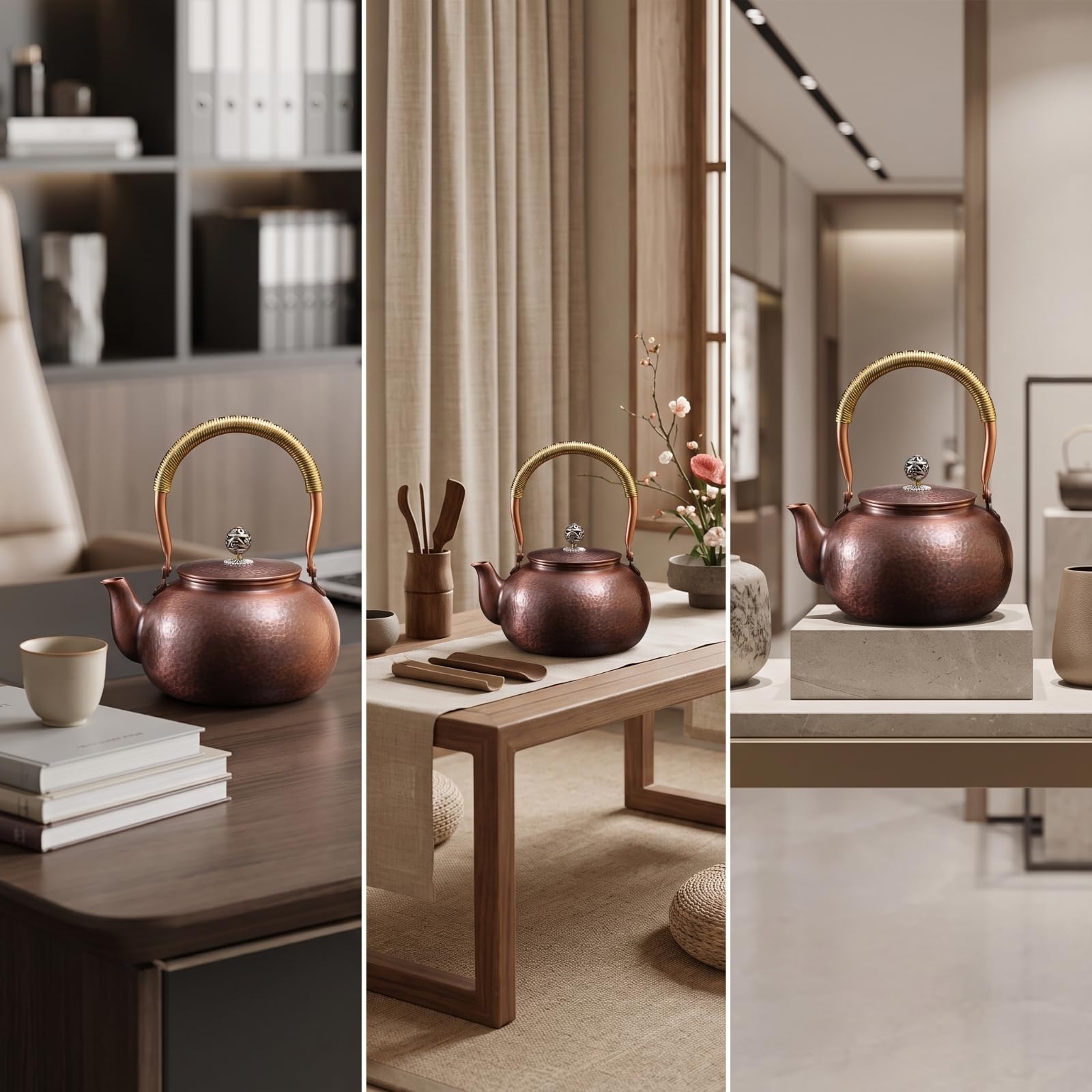 Bouilloire en Cuivre avec Couvercle Ajusté et Texture Martelée sur Corps et Couvercle pour Rétention Thermique Optimale pour Infusion Plantes Médicinales