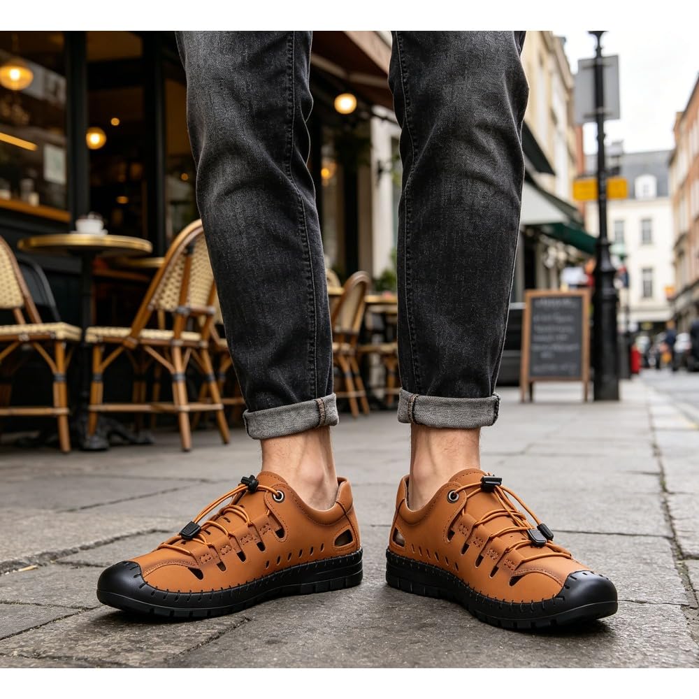 Sandales élégantes à bout fermé pour homme en cuir respirant ajouré style pêcheur été décontracté réglable élastique dentelle antidérapante pour l'extérieur, la randonnée, la plage, la marche
