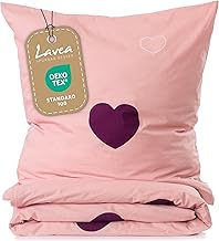 Lavea Parure de lit - Emilia - 155 x 220 cm + 80 x 80 cm - Motif cœur rose bordeaux - Parure de lit bio pour fille - 100 % coton - Certifié GOTS - Avec fermeture éclair