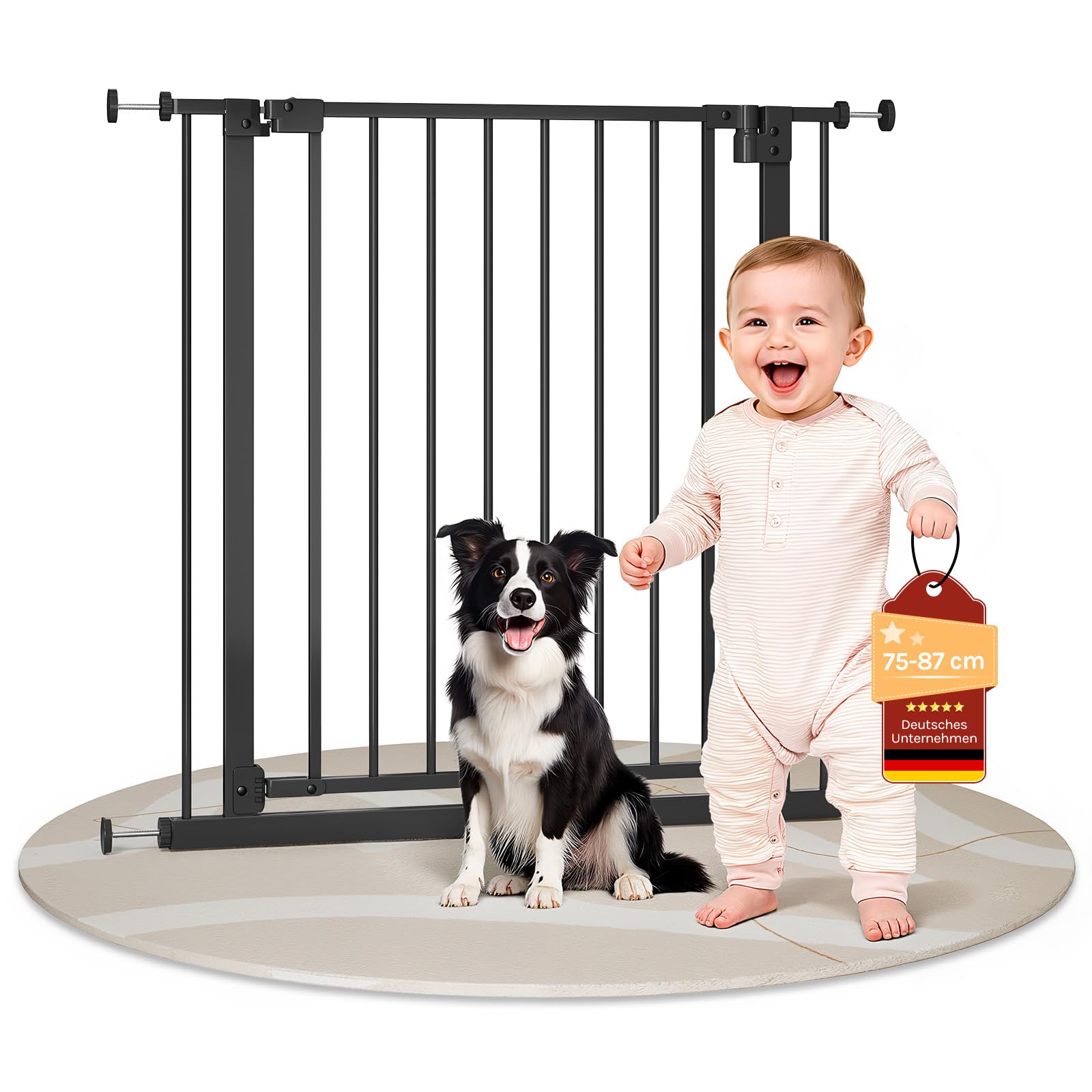 Woltu Black Baby And Dog Safety Gate, Pressure Mounted For Stairs And Doorways, Swing Open In Both Directions, Metal Barrier For Openings 75-87Cm, Dual Locking,