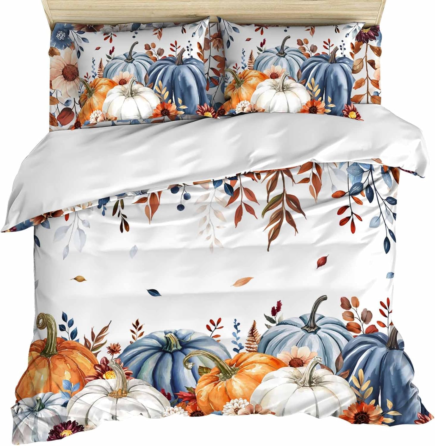 DecorLovee California King Duvet Cover Set - Orange Blue Pumpkins Fall 4 Pcs Comforter Cover Bedding Sets Zipper, Thanksgiving Microfiber Bed Sheet, Floral Botanical Quilt Cover with 2 Pillow Shams