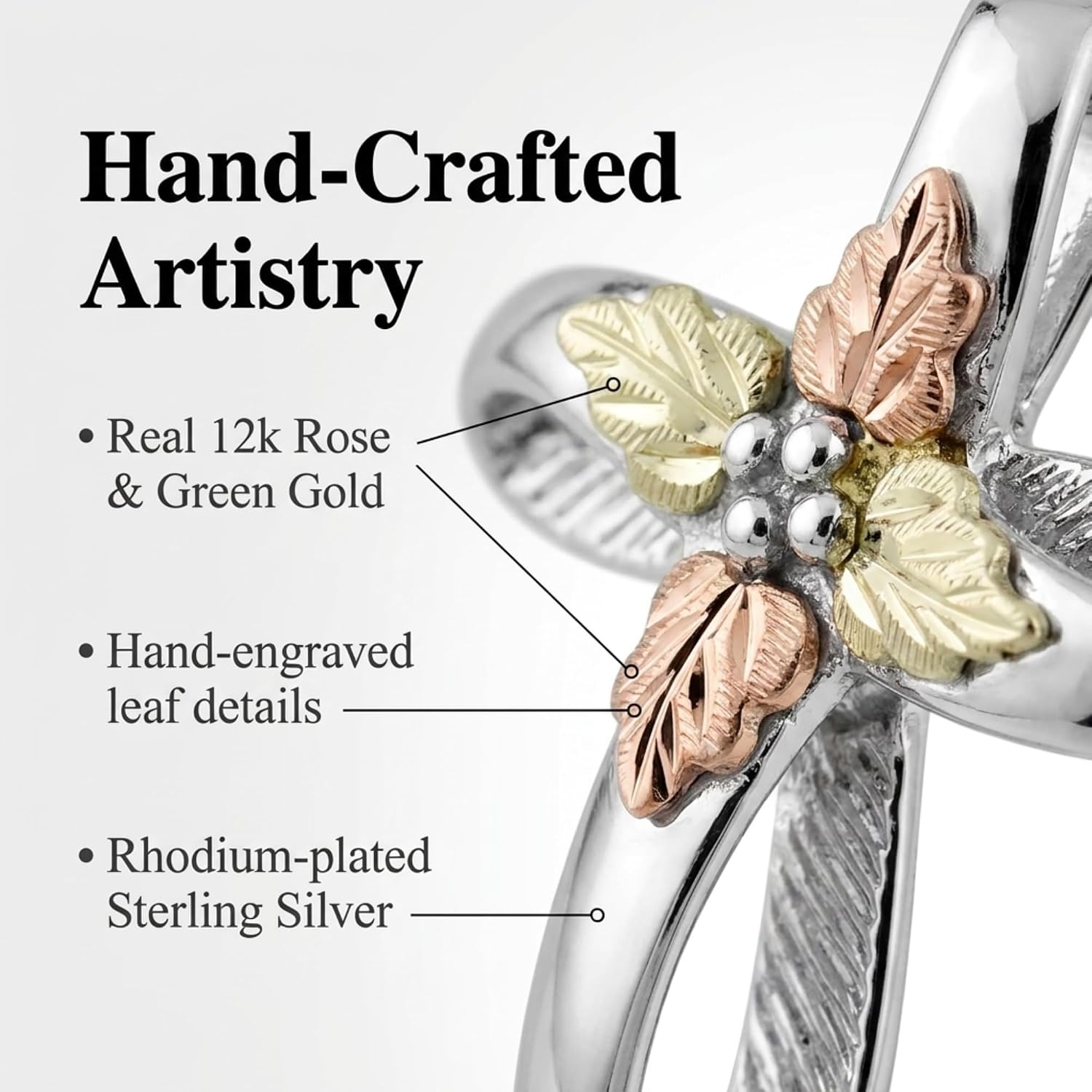 Infinity Cross Pendant Necklace Sterling Silver Black Hills Gold 12k Green & Rose Gold Leaves 18" Rope Chain Christian Faith Jewelry Religious Gift for Women