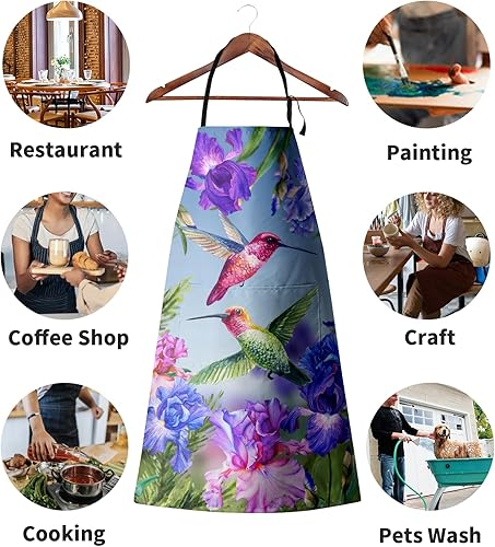 Miniatura 3 de Delantal de colibríes de primavera con bolsillo, flores de iris moradas y rojas, delantal de cocina impermeable con cuello ajustable con lazos