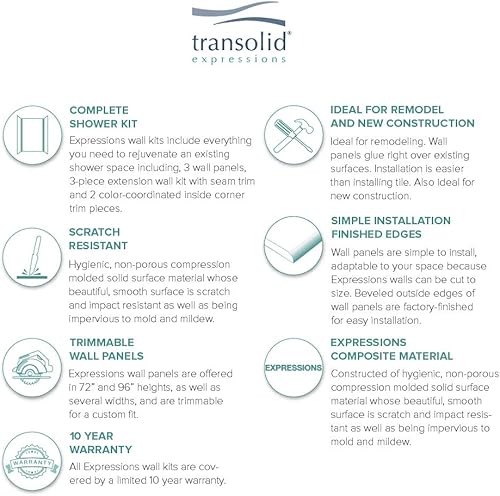 Miniatura 123 de Transolid EWKX483696-41 Expressions - Kit de pared de ducha de 6 paneles con extensión, 36 pulgadas de largo x 48 pulgadas de ancho x 96 pulgadas