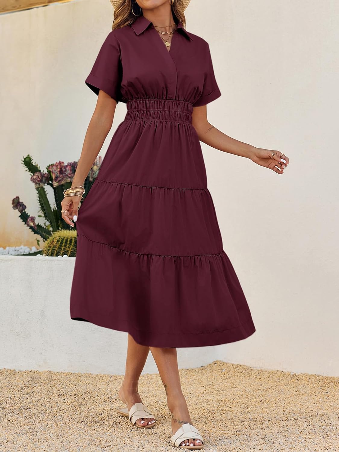 Wenrine Womens Summer Short Sleeve Maxi Dresses Casual V Neck Smocked Loose Tiered Flowy Shirt Dress with Pockets - Image 3