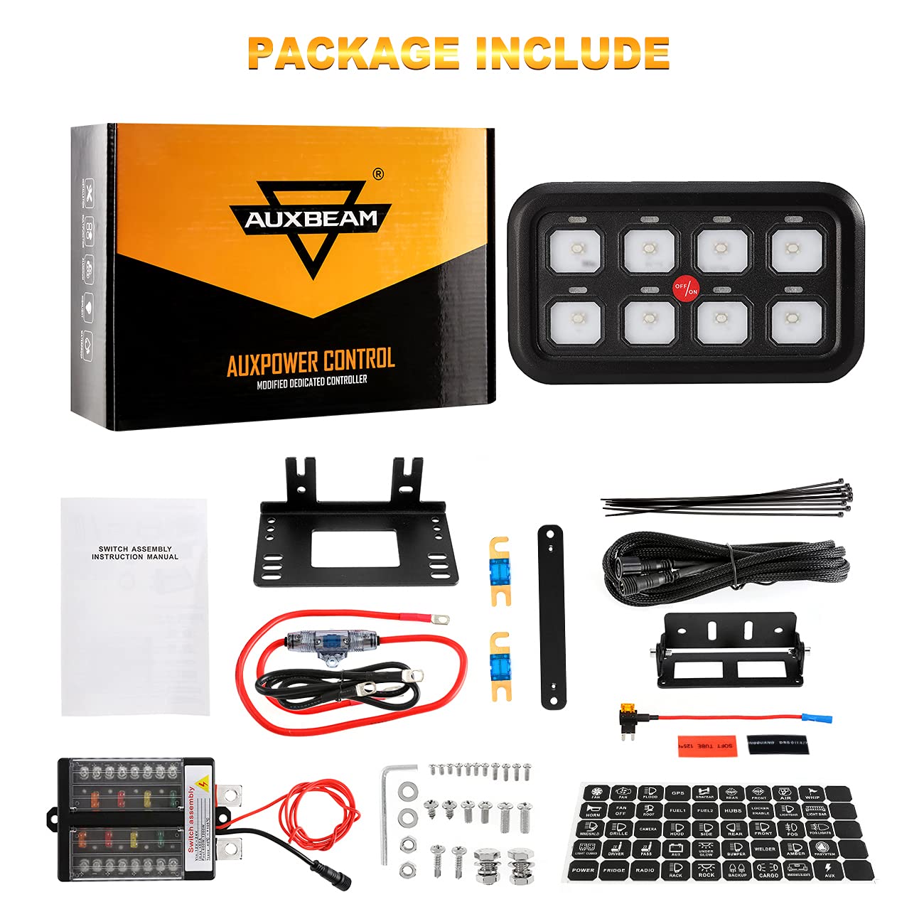 Auxbeam 8 Gang Switch Panel, Universal Circuit Control Relay System Box with Automatic Dimmable On-Off LED Switch Pod Touch Switch Box for Car Pickup Truck Boat UTV SUV (Two-Sided Outlet) : Automotive