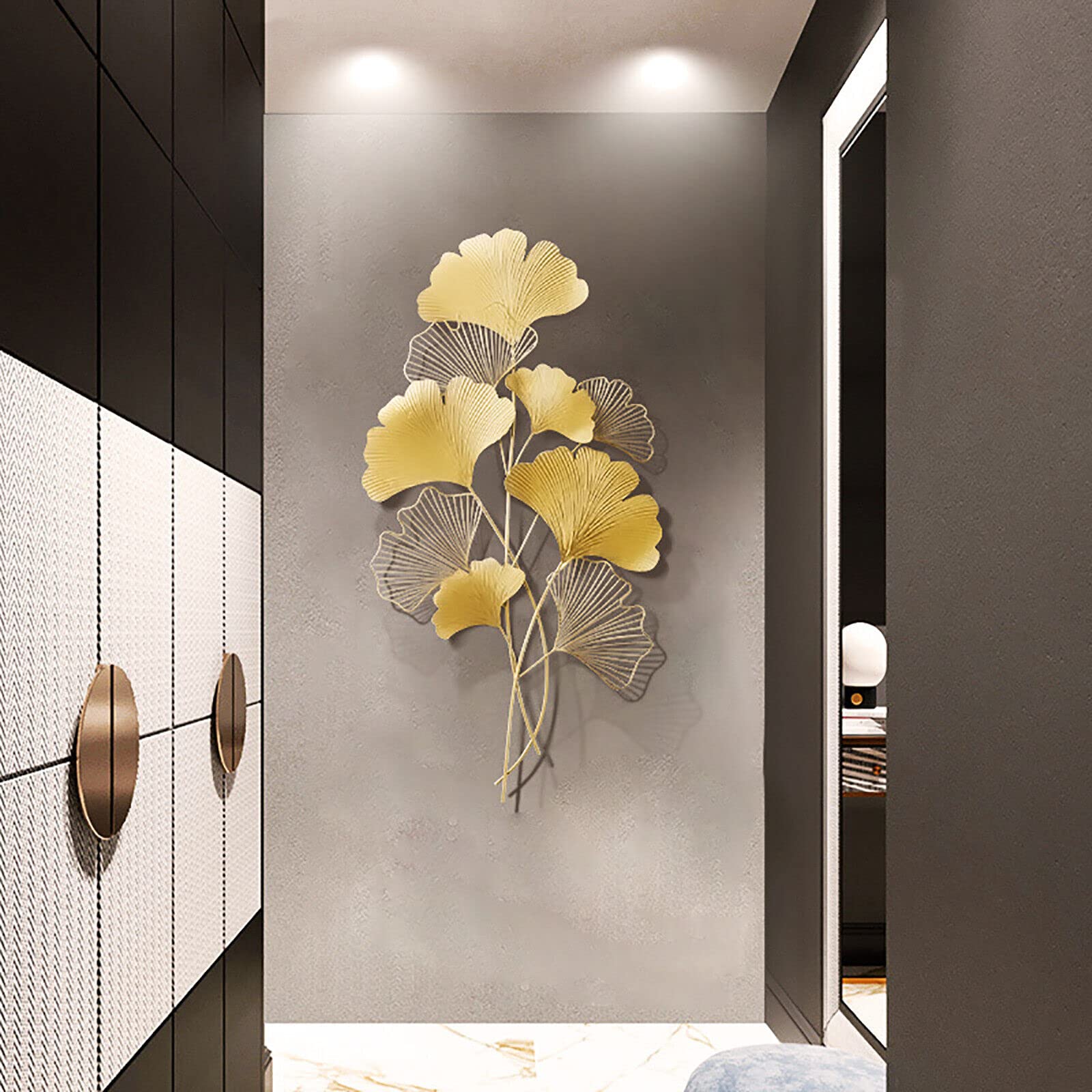 Decorazione da parete in metallo Gingko, 55 x 110 cm, sculture da parete, oggetto da parete metallizzato, stile shabby chic, decorazione 3D, decorazione in metallo, decorazione per il soggiorno
