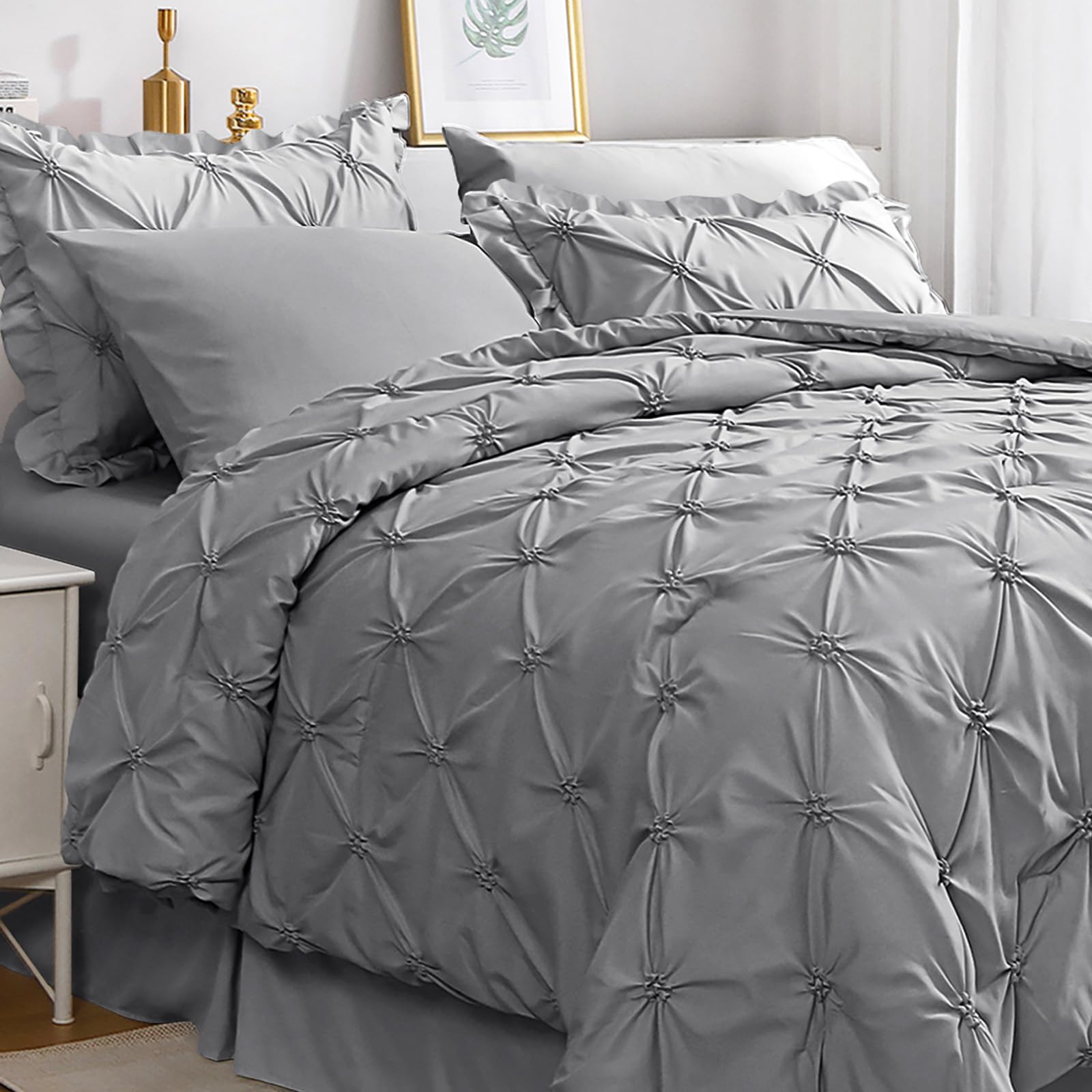 JOLLYVOGUE Grey Queen Comforter Set, 7 Pieces Pintuck Comforters Queen Size, Bed in a Bag Queen Comforter for Bedroom, Bedding Comforter Sets with Comforter, Sheets, Ruffled Shams & Pillowcases