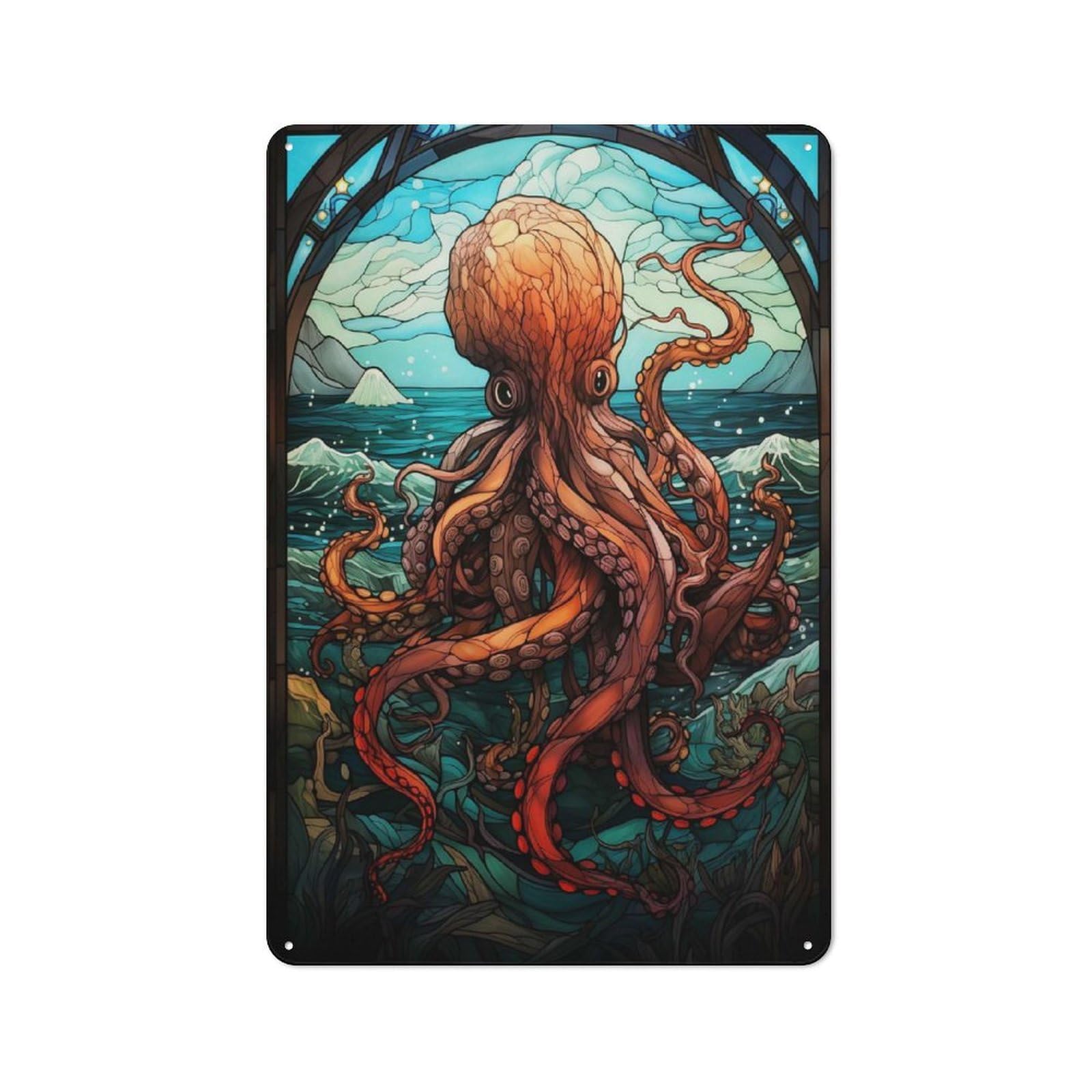 Junmoney Style-5 Modern Retro Decorative Metal Plaque 30X20cm Featuring Octopus Stained Glass, Loft Wall Plaque For Flat, Bar, Studio Or Gallery Wall