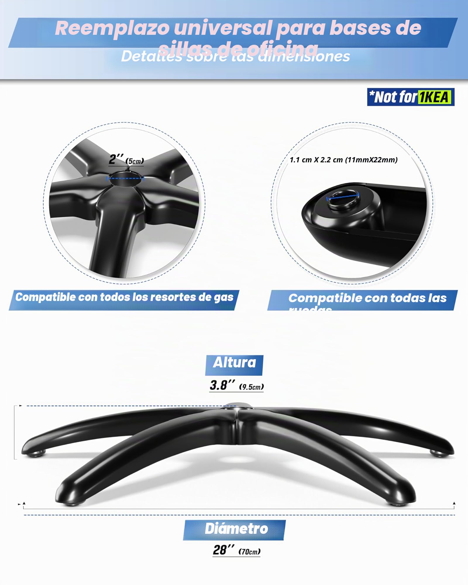 Sytopia Silla de oficina con pie en cruz, 70 cm, robusto torniquete, soporta hasta 200 kg, universal, para ruedas de 11 mm x 22 mm y muelle de gas de 50 mm, duradero, color negro mate