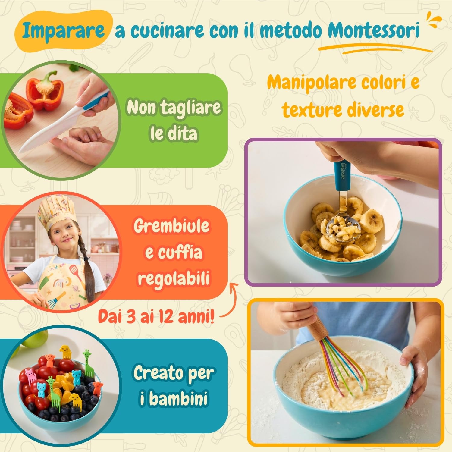 Set Cucina Bambini Montessori con Coltelli Antitaglio, Utensili Veri e Sicuri, Grembiule e Cappello da Chef - Kit Cucina e Pasticceria per Bambini - Regalo Bambina e Bambino dai 3 Anni