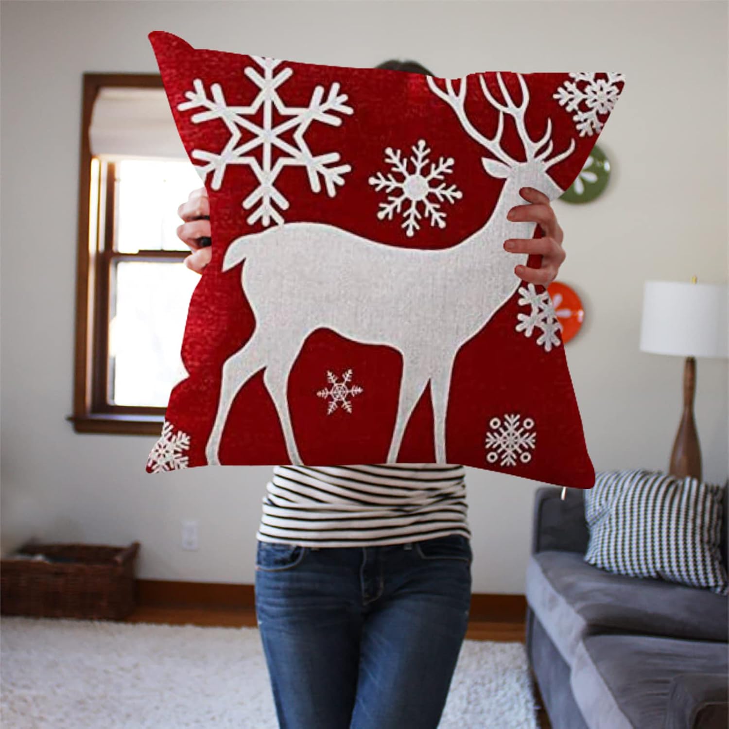 Throw Pillow Cover Merry Christmas Happy Holidays Baby Its Cold Outside Snowflakes Deer Snowflakes Red Cotton Pillowslip for Sofa Bed Stand Size Pillowcase 22x22 Inch image 3