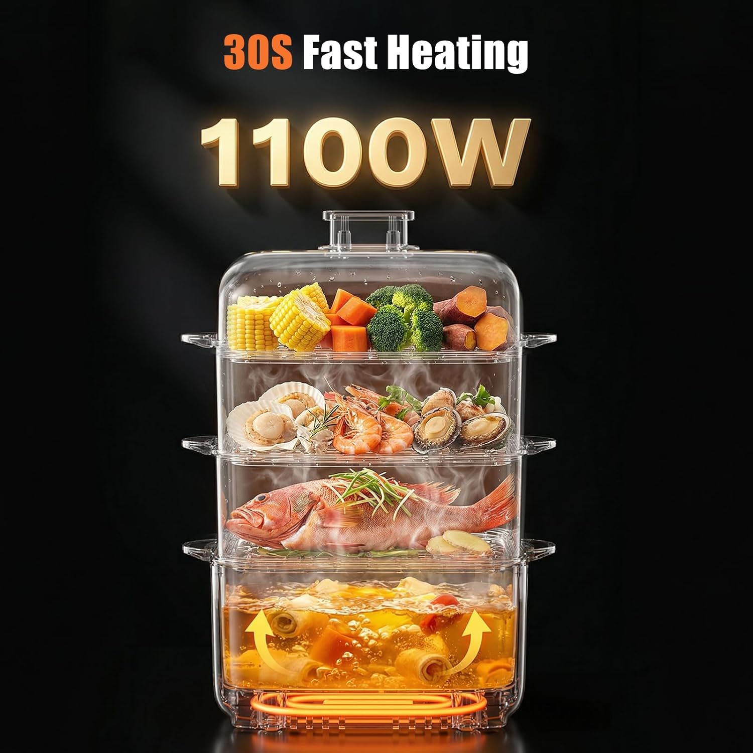 Kawu 16 Quart Food Steamer for Cooking, 4-Tier Electric Vegetable Steamer Hot Pot with Stainless Steel Tray, 1100W Fast Heating, 12H Timer, Keep Warm, Digital Steam Cooker for Grains, Meat & Sea Food